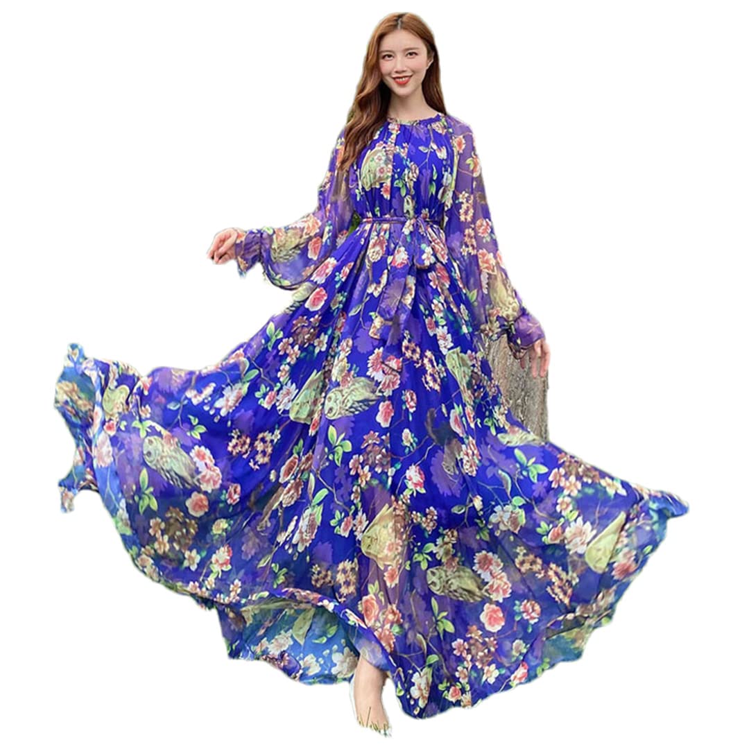 Bohemian Floral Print Long Sleeve Chiffon Dress for Women - Elegant Ruffled Maxi Dress for Parties, Weddings & Special Occasions