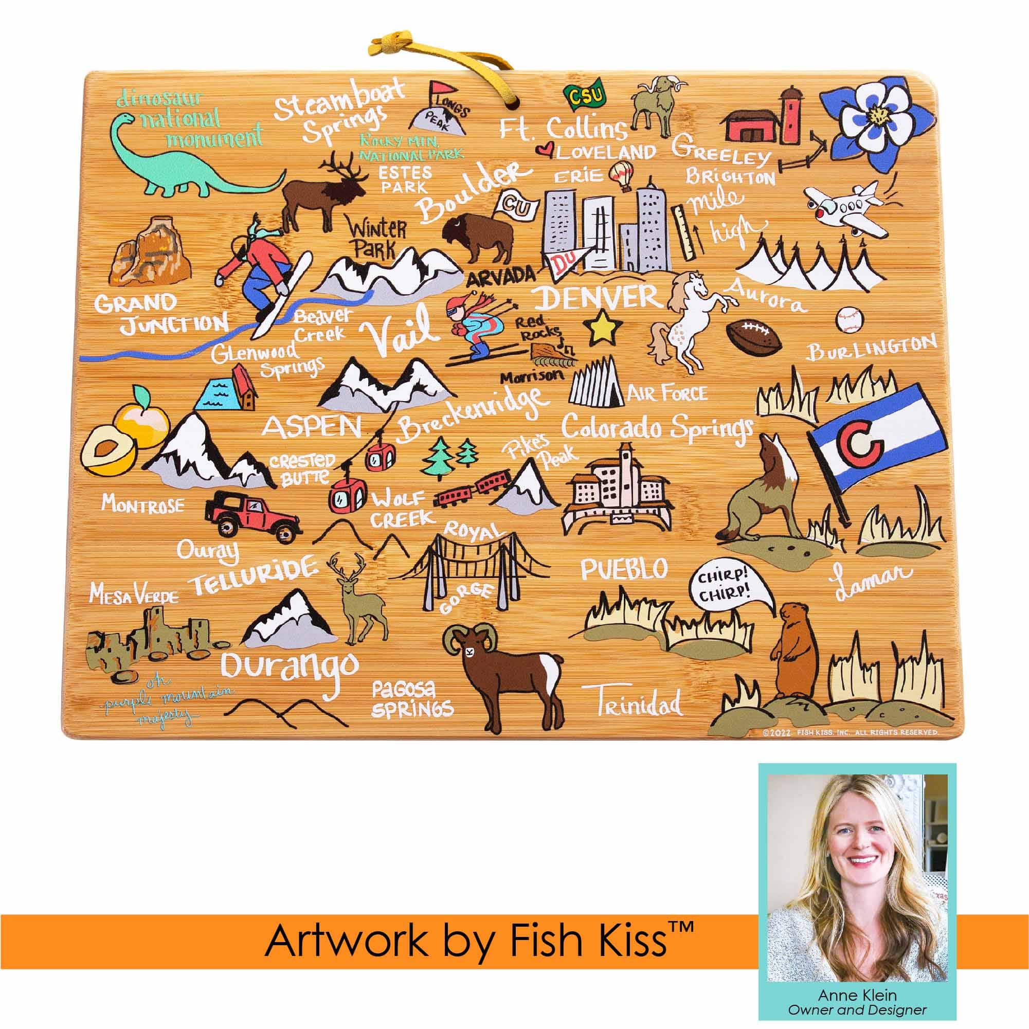 Premium Colorado Wood Cutting Board with Handcrafted Fish Kiss™ Artwork - Perfect for Kitchen Prep, Charcuterie Boards & Gift Giving