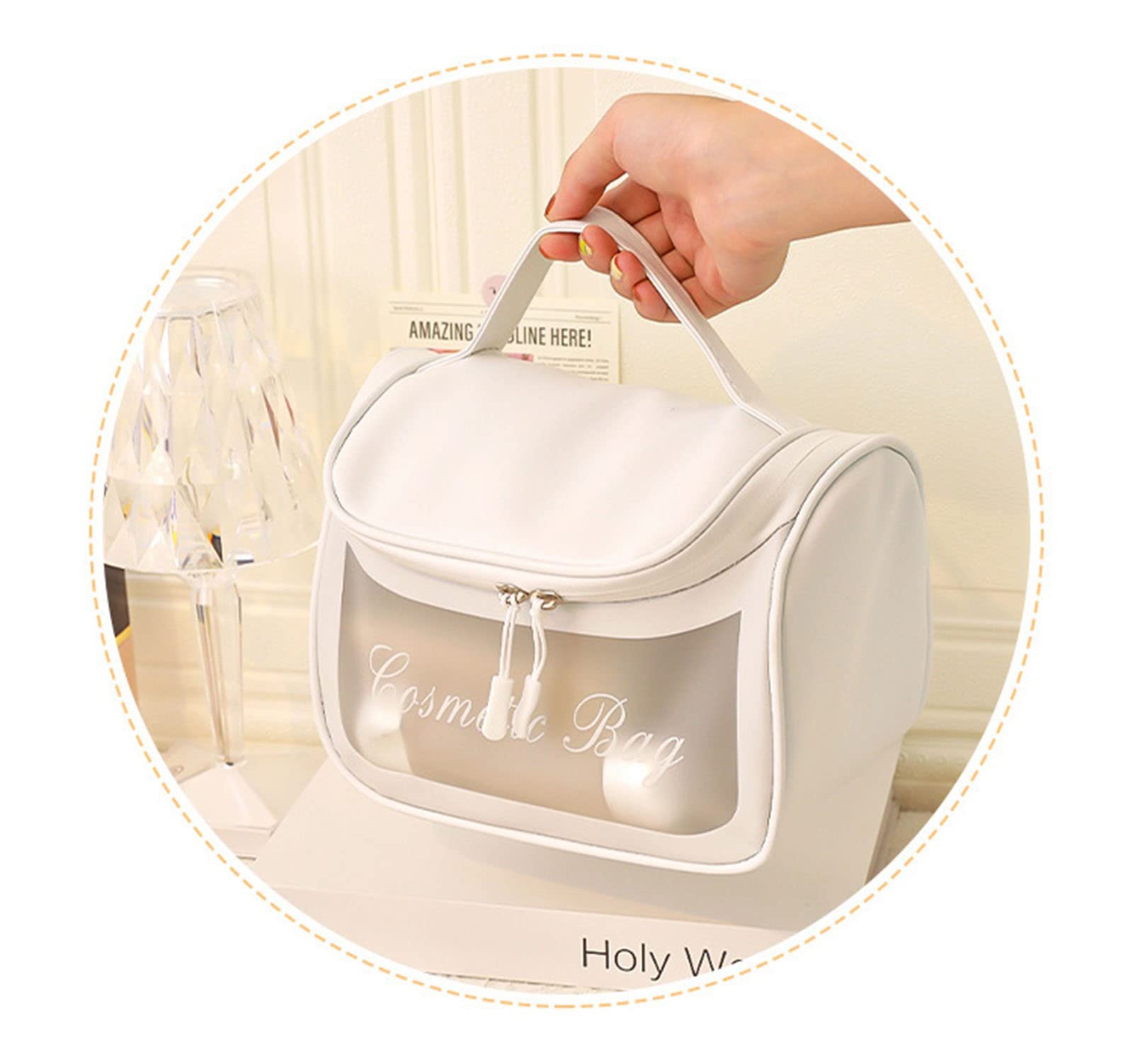 Korean Style Frosted Cosmetic Bag - Large Capacity Waterproof Makeup Organizer, Travel Toiletry Bag with Transparent Design for Easy Visibility (White) - Perfect for Travel, Gym, and Daily Storage Needs