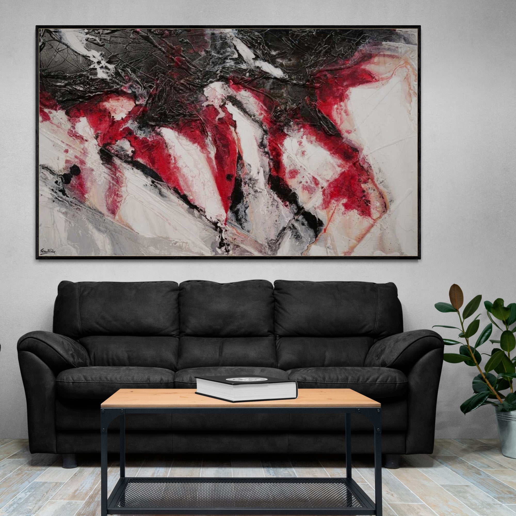 Large 200cm x 120cm Red Black White Abstract Textured Canvas Painting - Modern Wall Art for Living Room, Bedroom or Office Decor