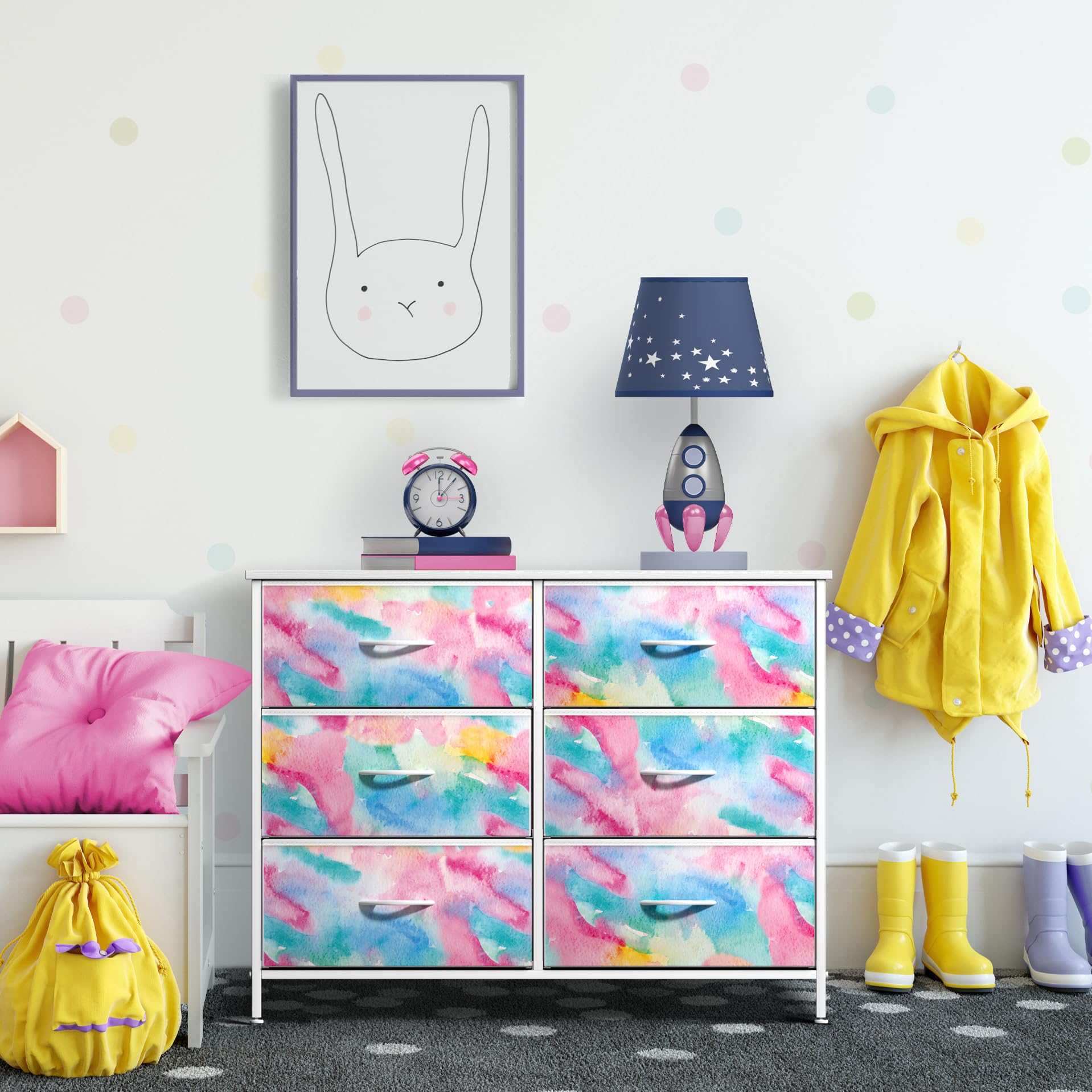 Sorbus 6-Drawer Kids Dresser Organizer with Steel Frame & Wood Top - Tie-Dye Fabric Storage Bins for Clothes, Toys & Nursery Essentials - Perfect for Bedroom, Nursery, Closet & Small Spaces - Sturdy & Stylish Kids Furniture for Organization & Decor