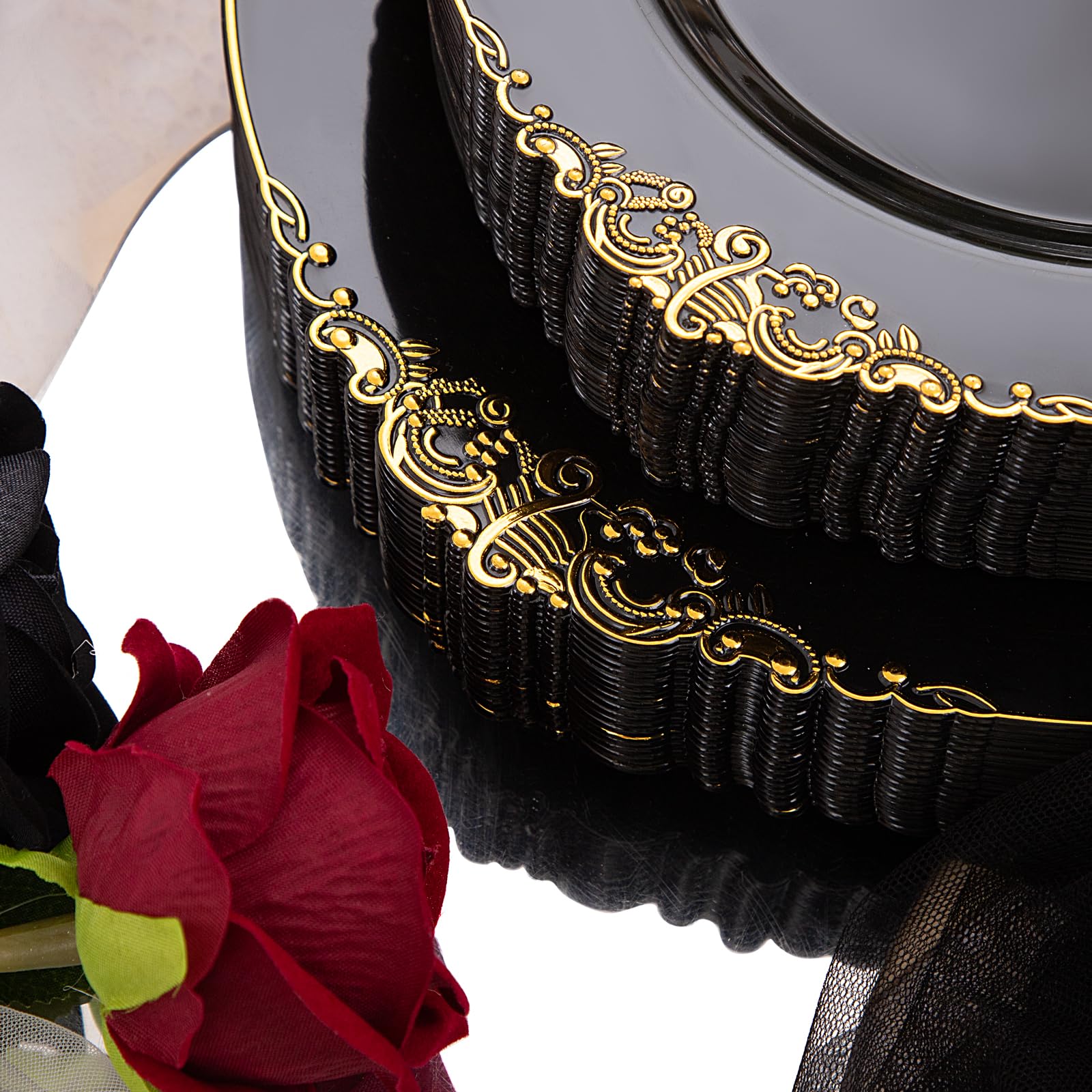 Hioasis 350-Piece Black and Gold Plastic Dinnerware Set - 50 10.25