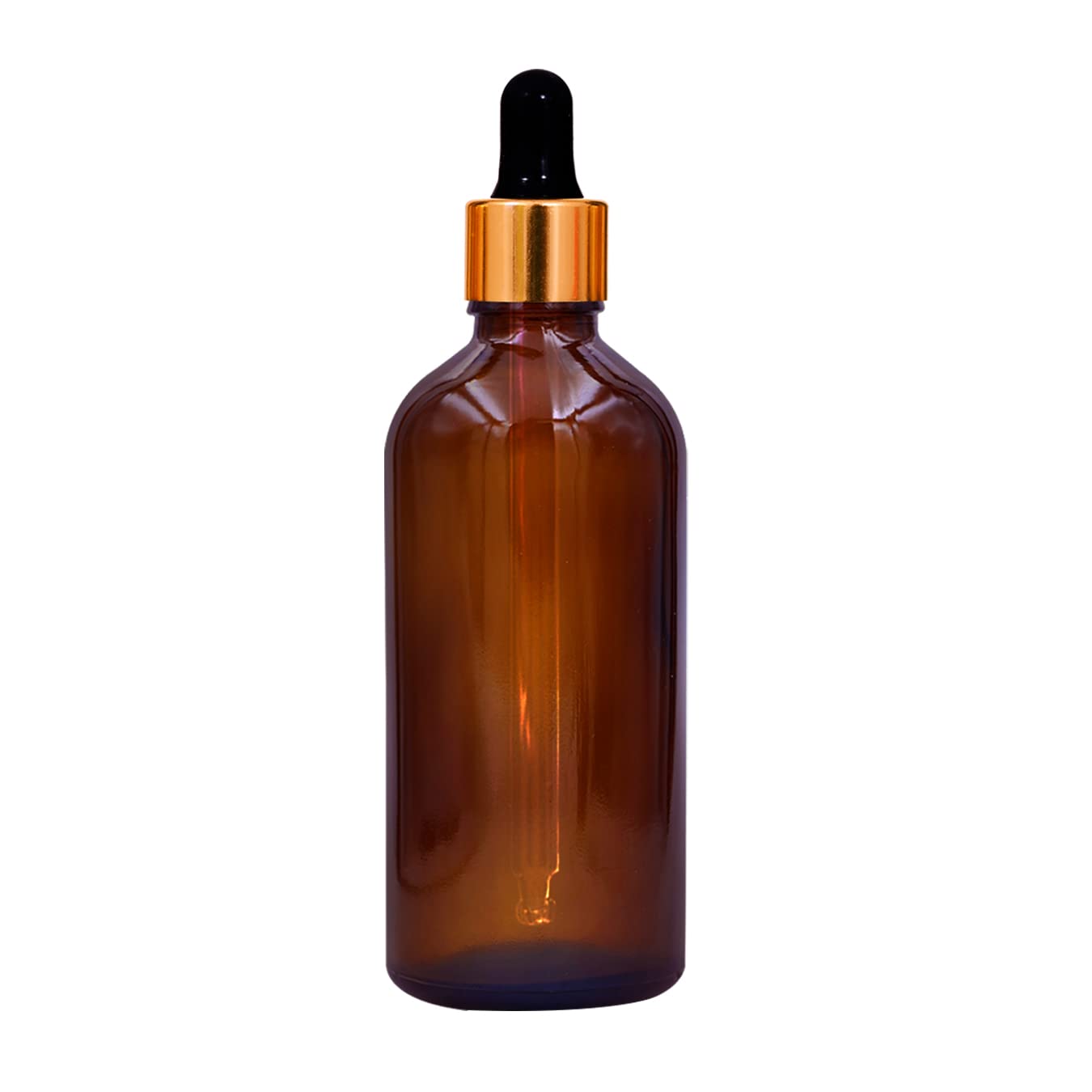 NSB Herbals 100ml Amber Round Empty Glass Bottle with Glass Dropper, Golden Ring & Black Silicone Teat - Refillable Essential Oil Container for DIY Perfumes, Aromatherapy, and Skincare (Pack of 1) - Perfect for Home, Spa, and Travel Use