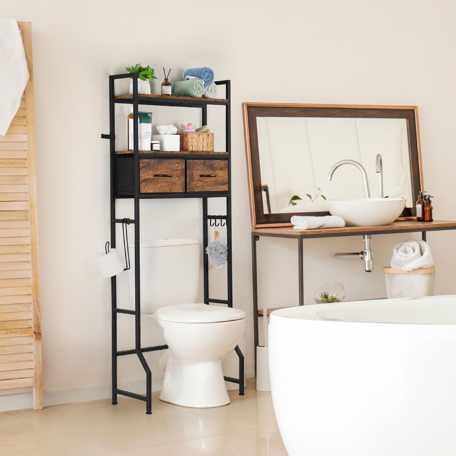 YBING Over The Toilet Bathroom Storage Cabinet - Freestanding Tall Bathroom Shelf Organizer with Fabric Drawer & Toilet Paper Holder - Space Saving Brown Bathroom Organizer for Small Bathrooms, Apartments & Dorm Rooms
