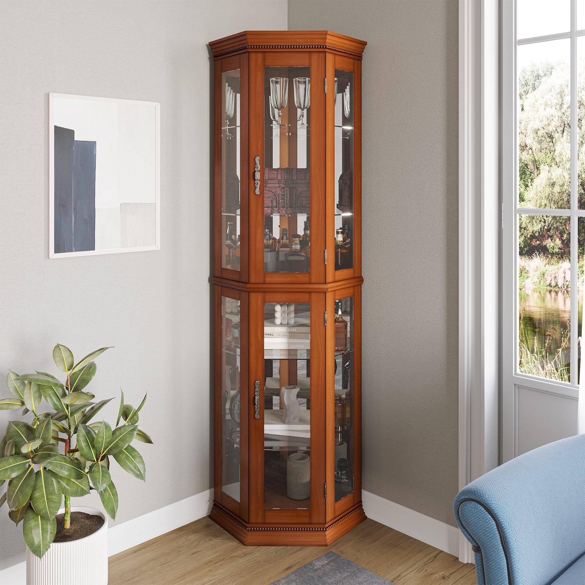 BELLEZE Lighted 3-Side Glass Display Curio Cabinet with Tempered Glass Doors & Shelves, Wooden Corner Cabinet with LED Bulbs - Perfect for Living Room Decor, Showcasing Collectibles, China, or Antiques