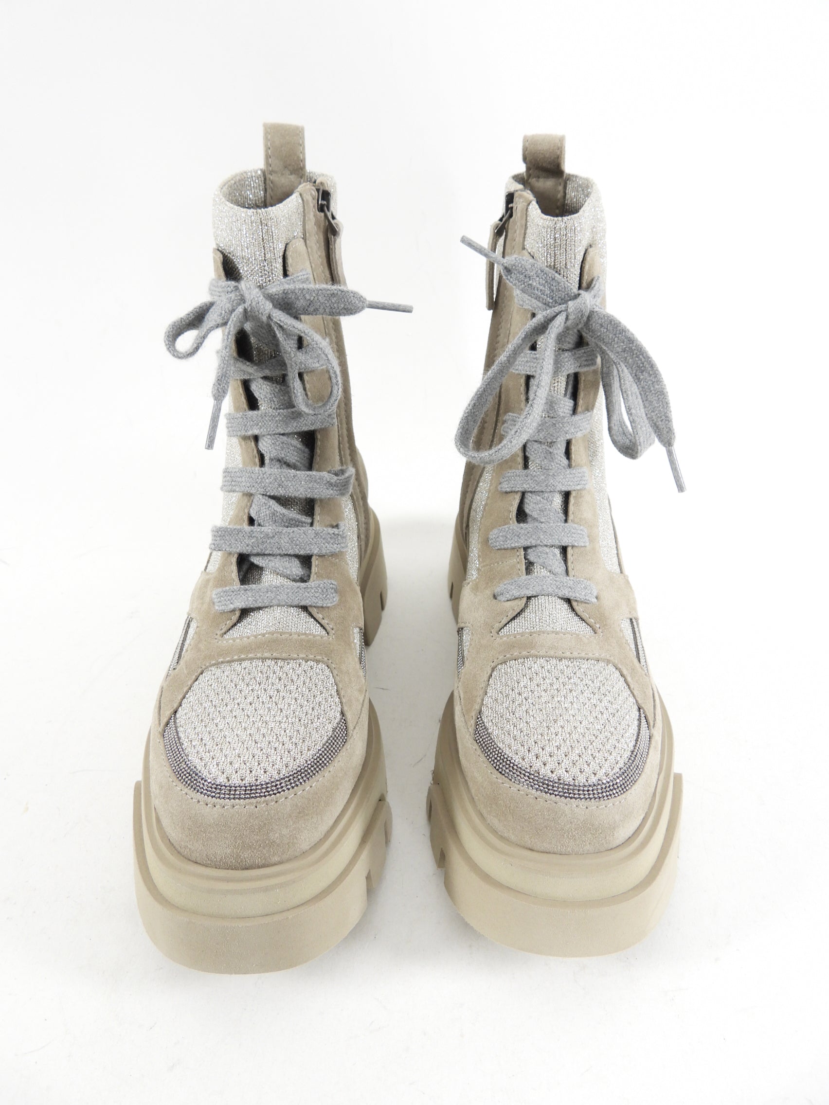 Brunello Cucinelli Light Taupe Monili Lace Up Ankle Boots Size 36.5 - Women's Luxury Leather Booties for Fall & Winter Fashion, Office Wear & Evening Outfits