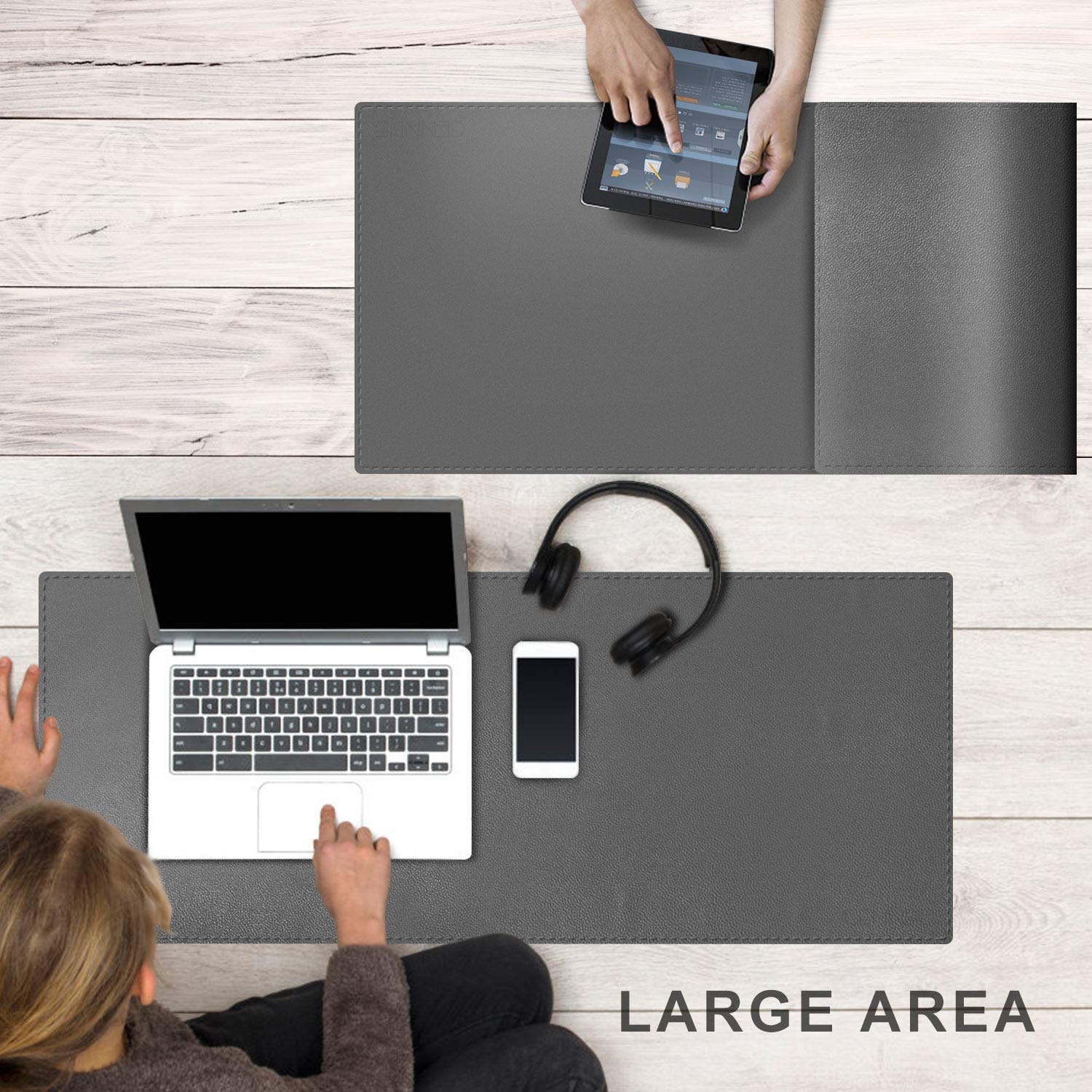 CENNBIE Dual-Sided Leather Mouse Pad - 35.5x15.7in Large Desk Mat for Office & Gaming (Grey)
