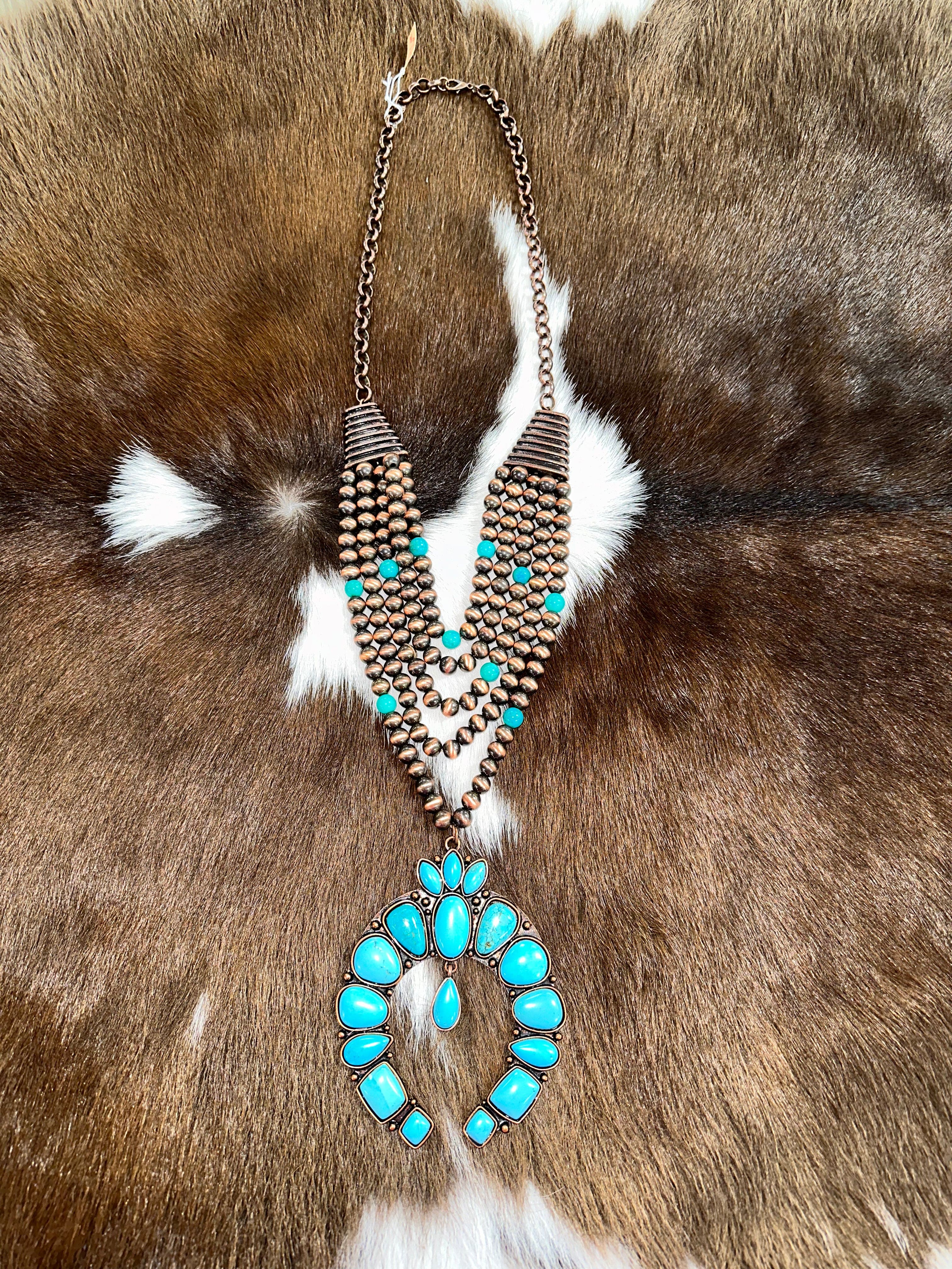 Multi-Layered Bronze Western Squash Necklace with Turquoise Stone Accents - Boho Chic Jewelry for Women - Perfect for Festivals, Parties & Everyday Wear