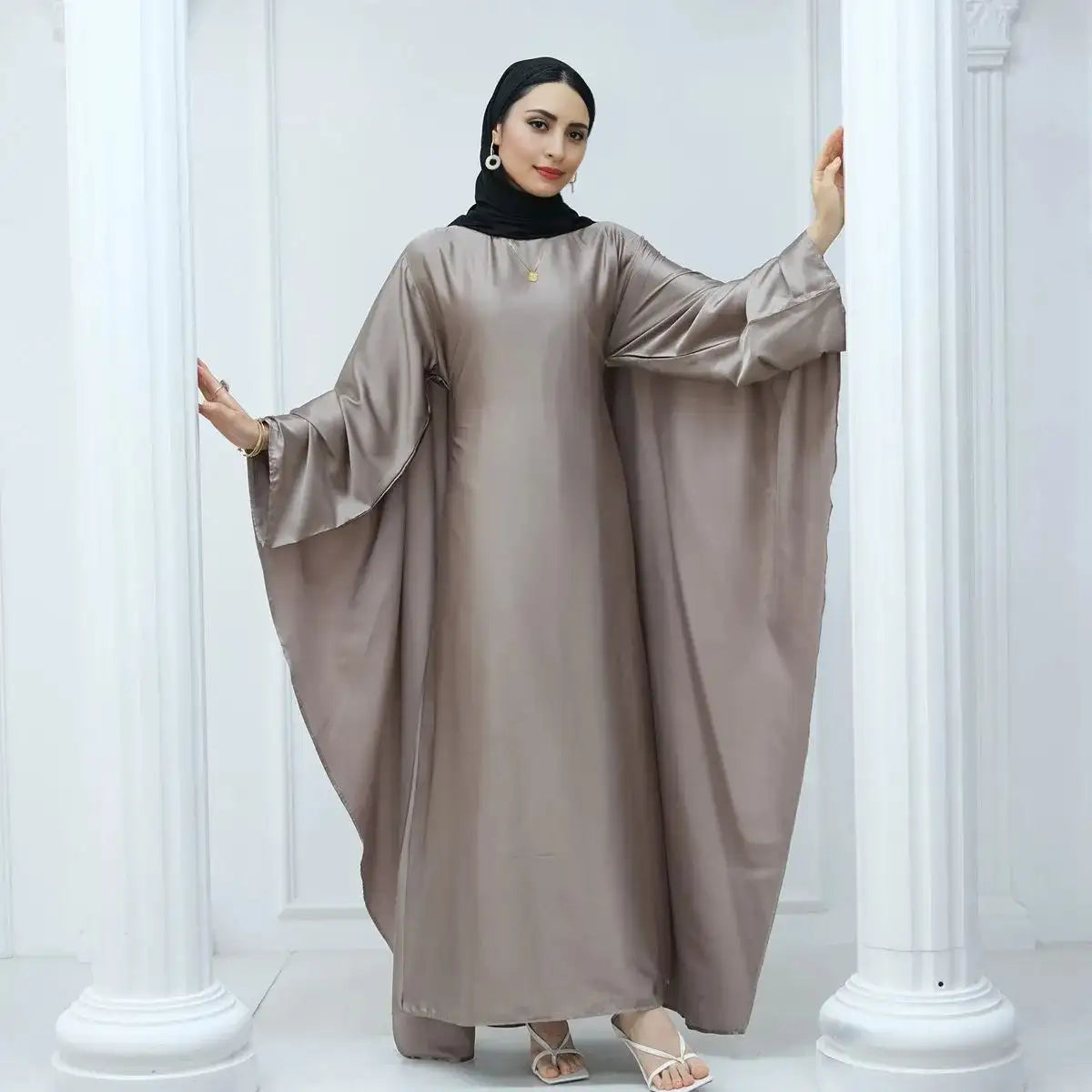 Elegant Butterfly Batwing Sleeve Satin Farasha Abaya Dress with Inner Belt - Modest Muslim Women's Prayer Dress for Special Occasions & Evening Events