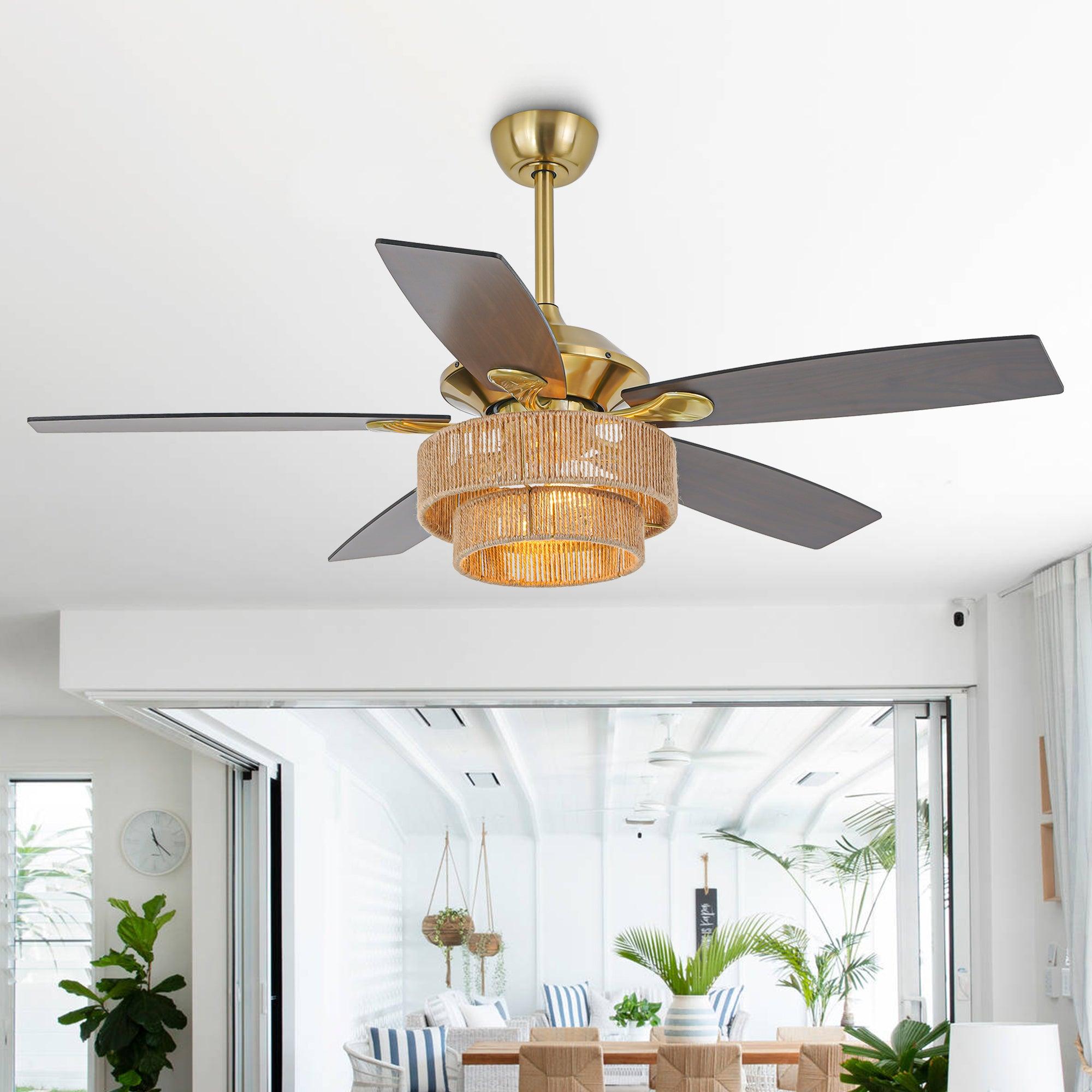 52 Inch Danube Farmhouse Style Ceiling Fan with DC Motor, Golden Downrod & Integrated Light Kit - Perfect for Living Rooms, Bedrooms, and Outdoor Covered Patios