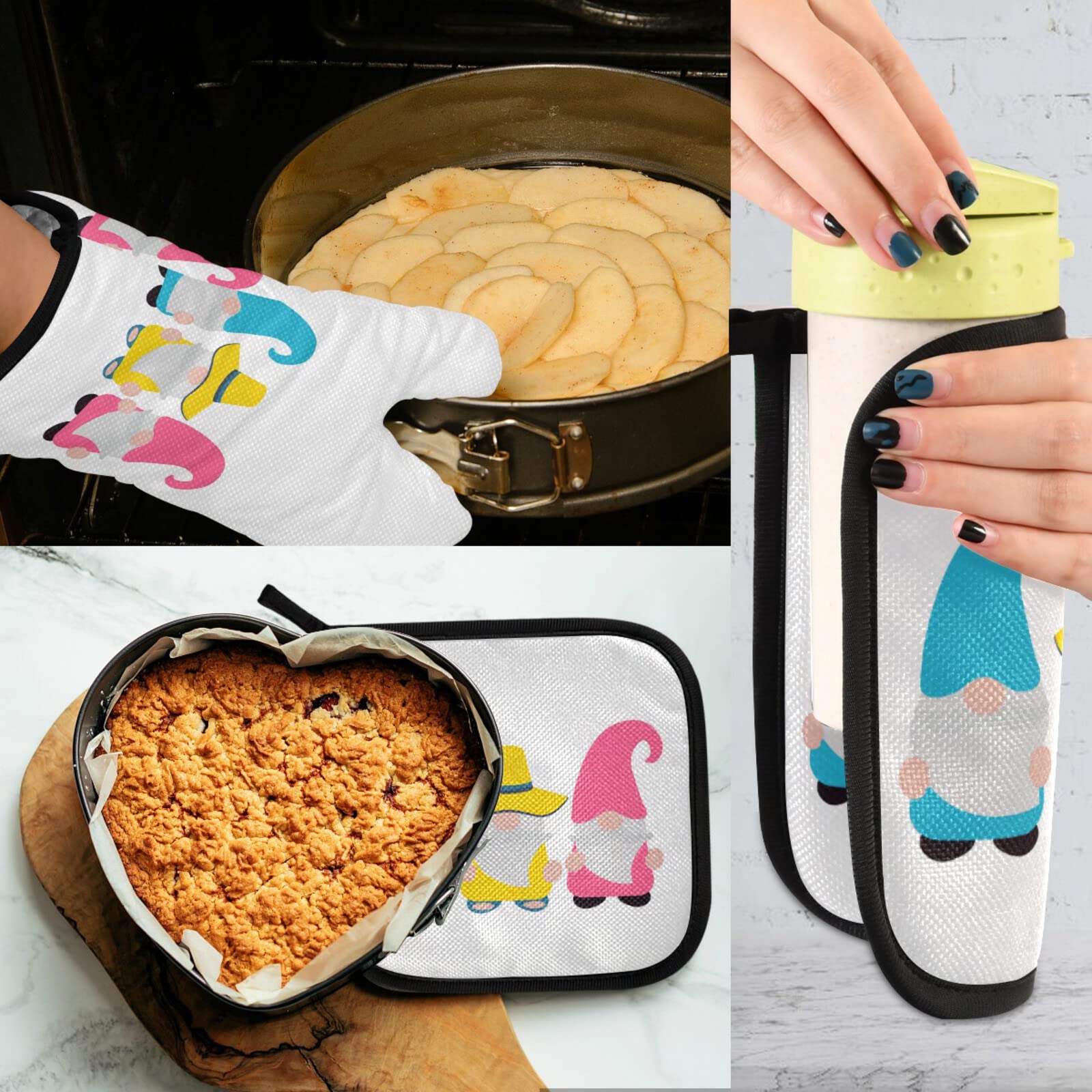 Summer Gnome Oven Mitts and Pot Holders Set of 2 - Heat Resistant Kitchen Gloves with Soft Cotton Lining, Non-Slip Grip for Baking, Cooking, BBQ - Yellow, Pink, Blue Spring Colors - Perfect for Home Kitchen, Outdoor Grilling & Holiday Gift Giving