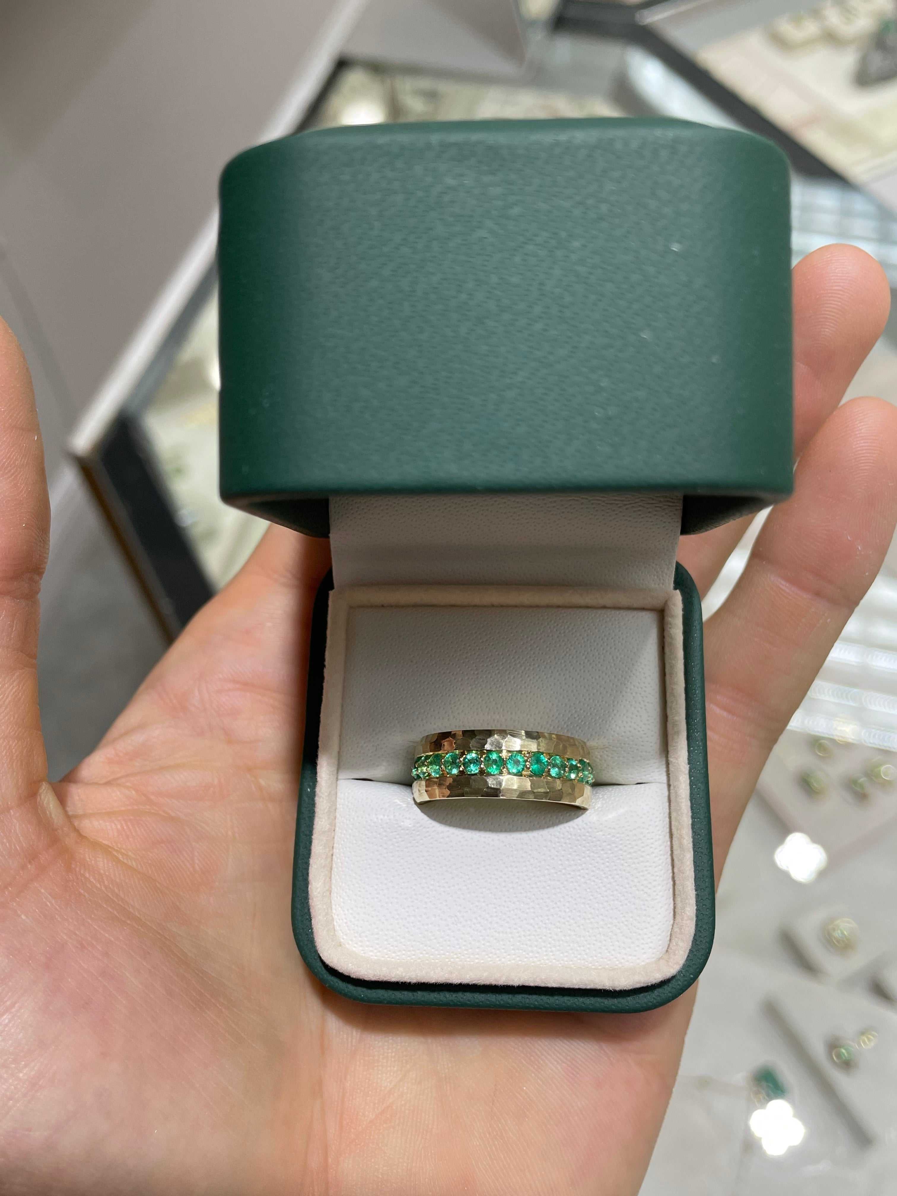 1.50tcw Custom Zambian Emerald Wedding Band - 8mm Wide 14K Gold Ring for Women, Engagement, Anniversary & Special Occasions