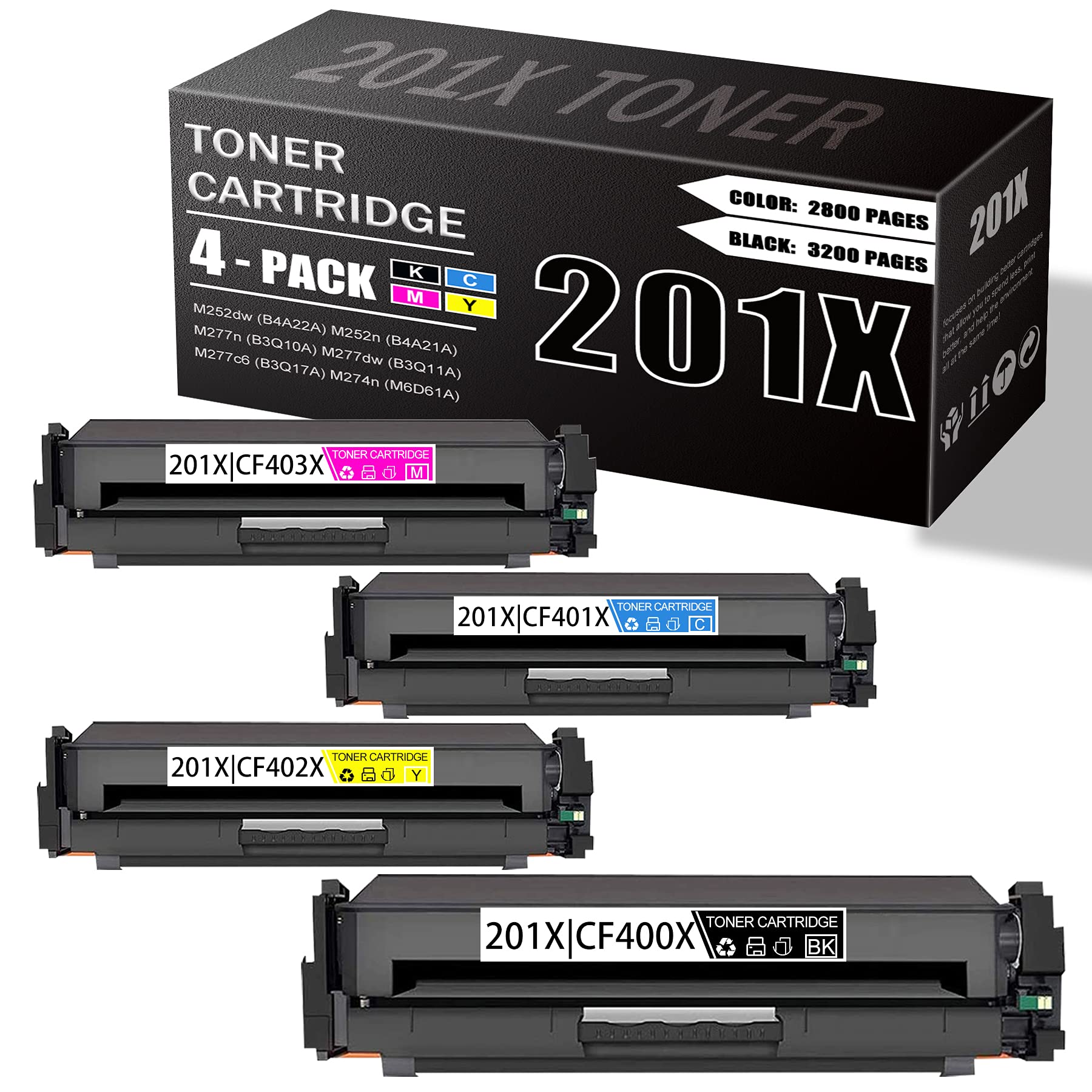 4-Pack High Yield Toner Cartridge Replacement (1BK+1C+1M+1Y) - Compatible with HP M252dw (B4A22A), M252n (B4A21A), M277n (B3Q10A), M277dw (B3Q11A), M277c6 Printers - Perfect for Office & Home Printing Needs