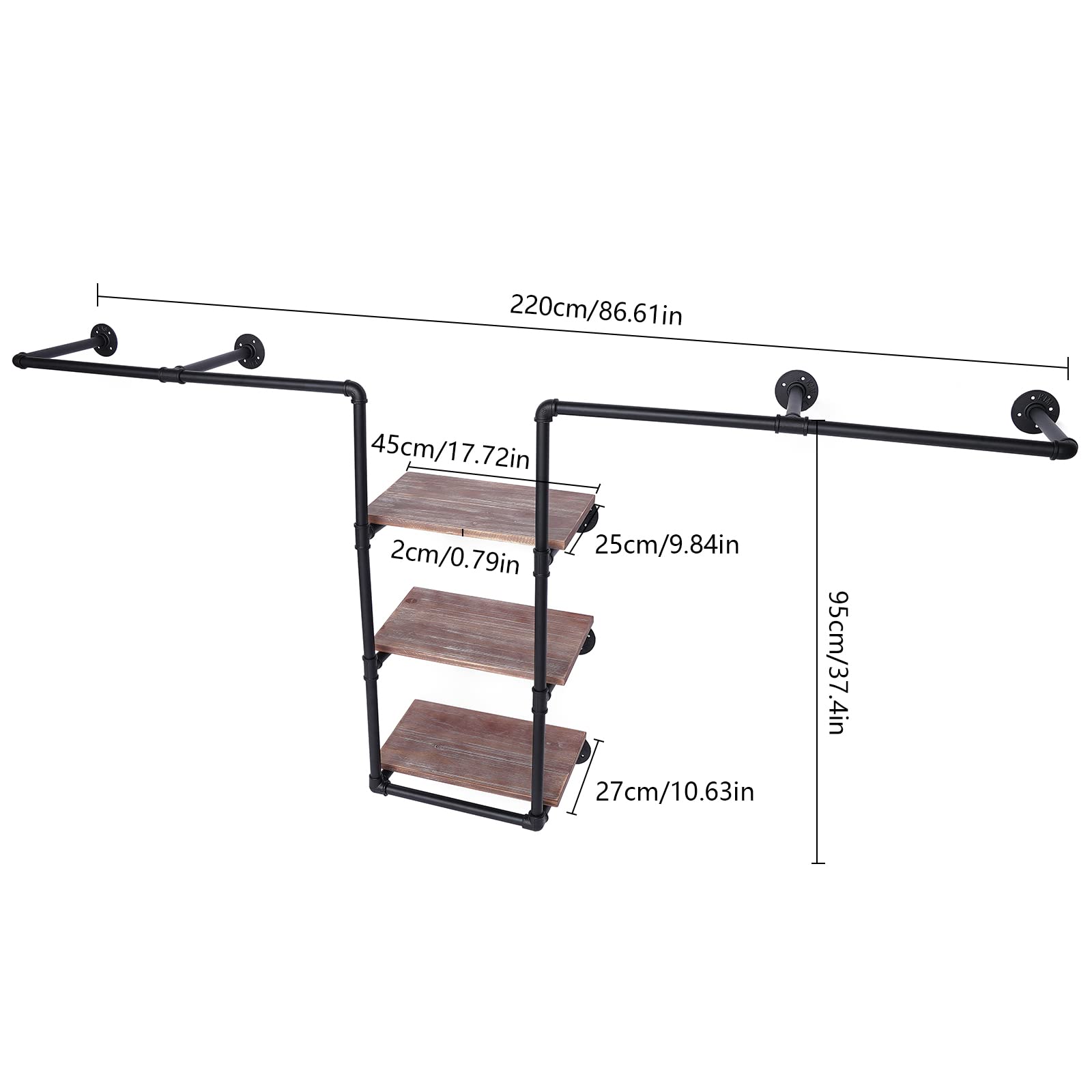 Industrial Pipe Garment Rack - Wall Mounted Clothing Rack with 3-Tier Wooden Shelf & 2 Hanging Rods, Rustic Storage Rack for Home, Boutique or Clothing Store Organization | Perfect for Bedroom, Closet & Retail Display