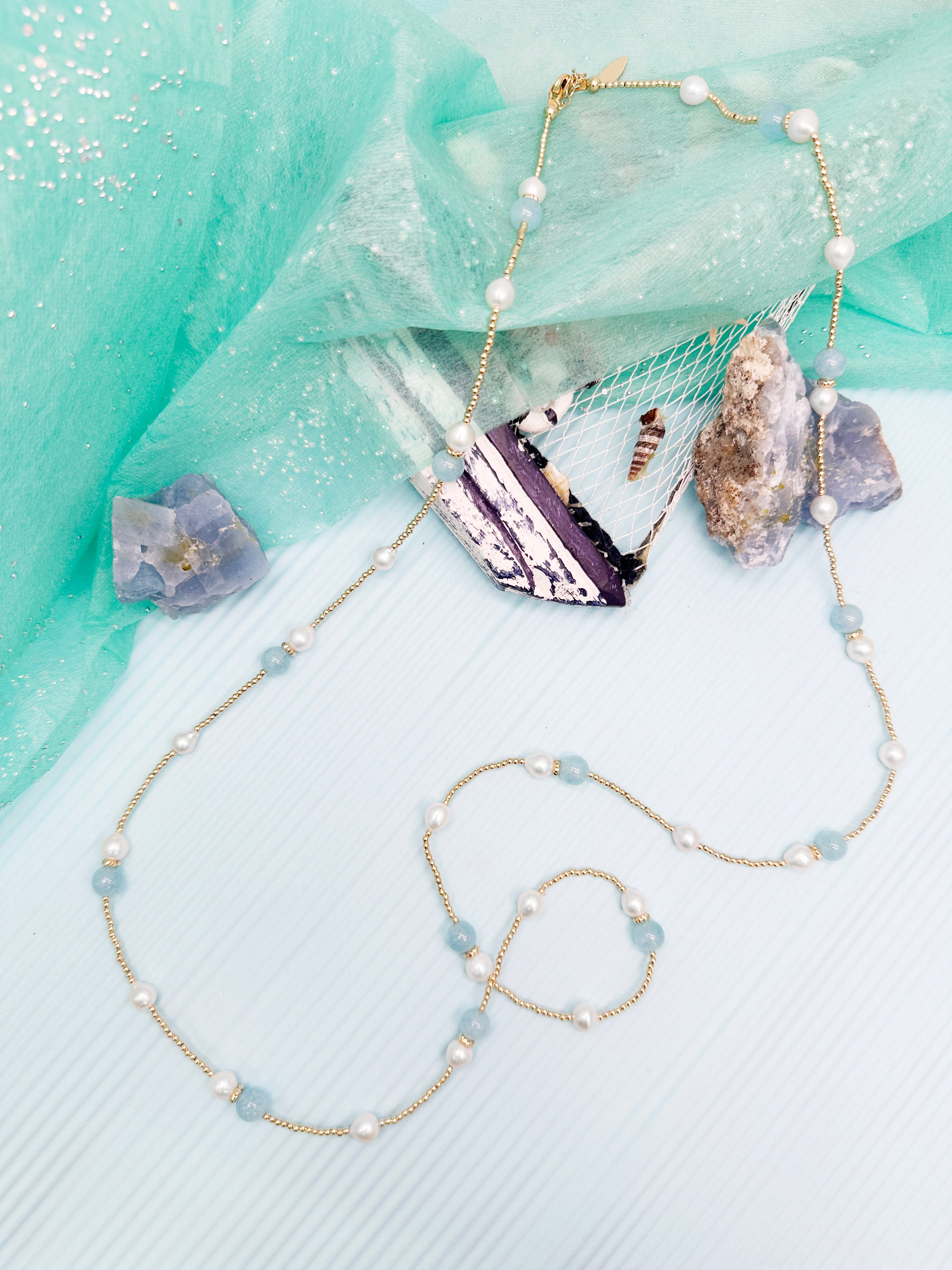 Elegant Aquamarine and Freshwater Pearls Long Necklace for Women - Perfect for Weddings, Parties & Special Occasions - LN023