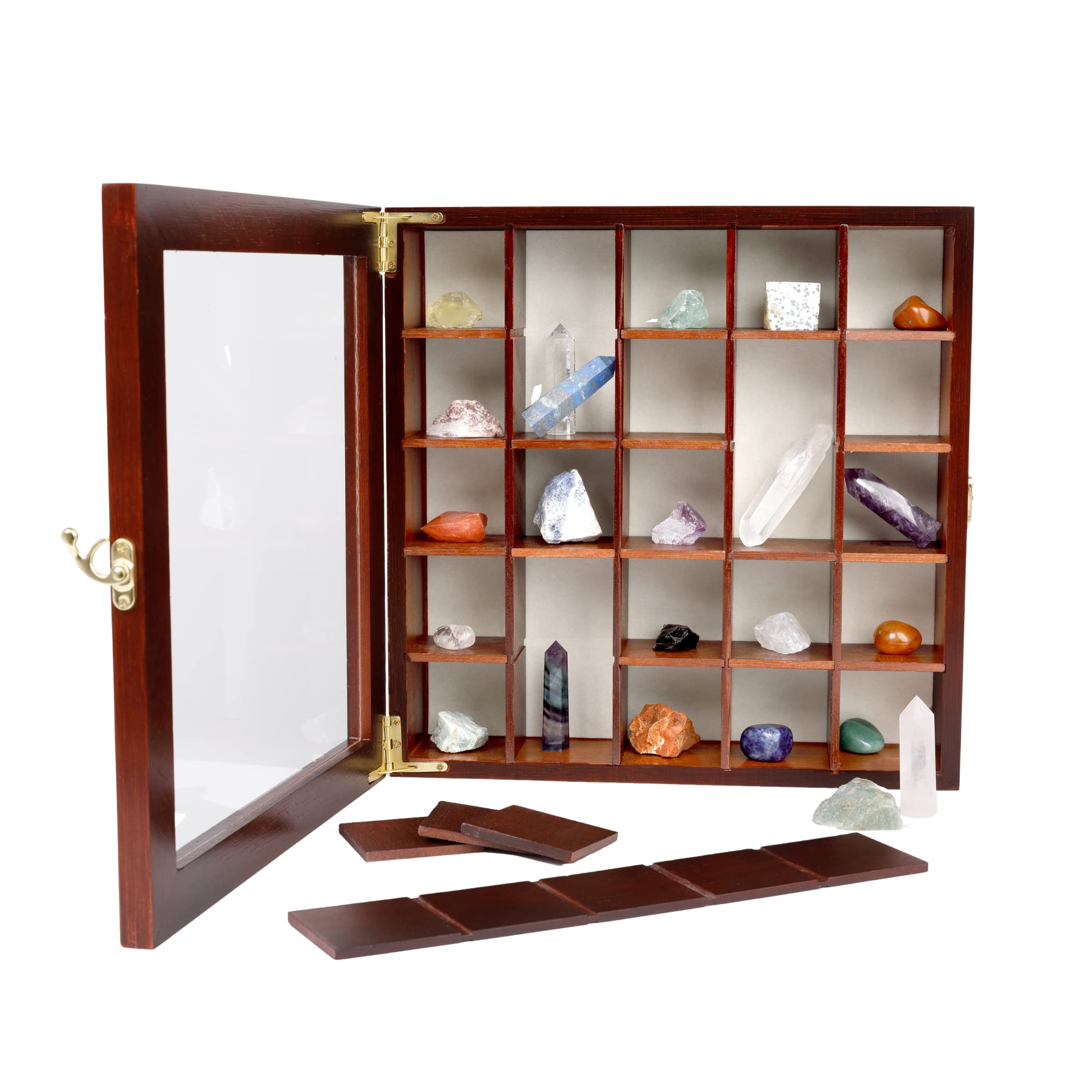 Premium Adjustable Rock Display Case - Dark Finish Shadow Box with Fabric Bed & Shelves for Mineral, Crystal & Rock Collection - Perfect for Home Decor, Geology Enthusiasts & Gift Giving