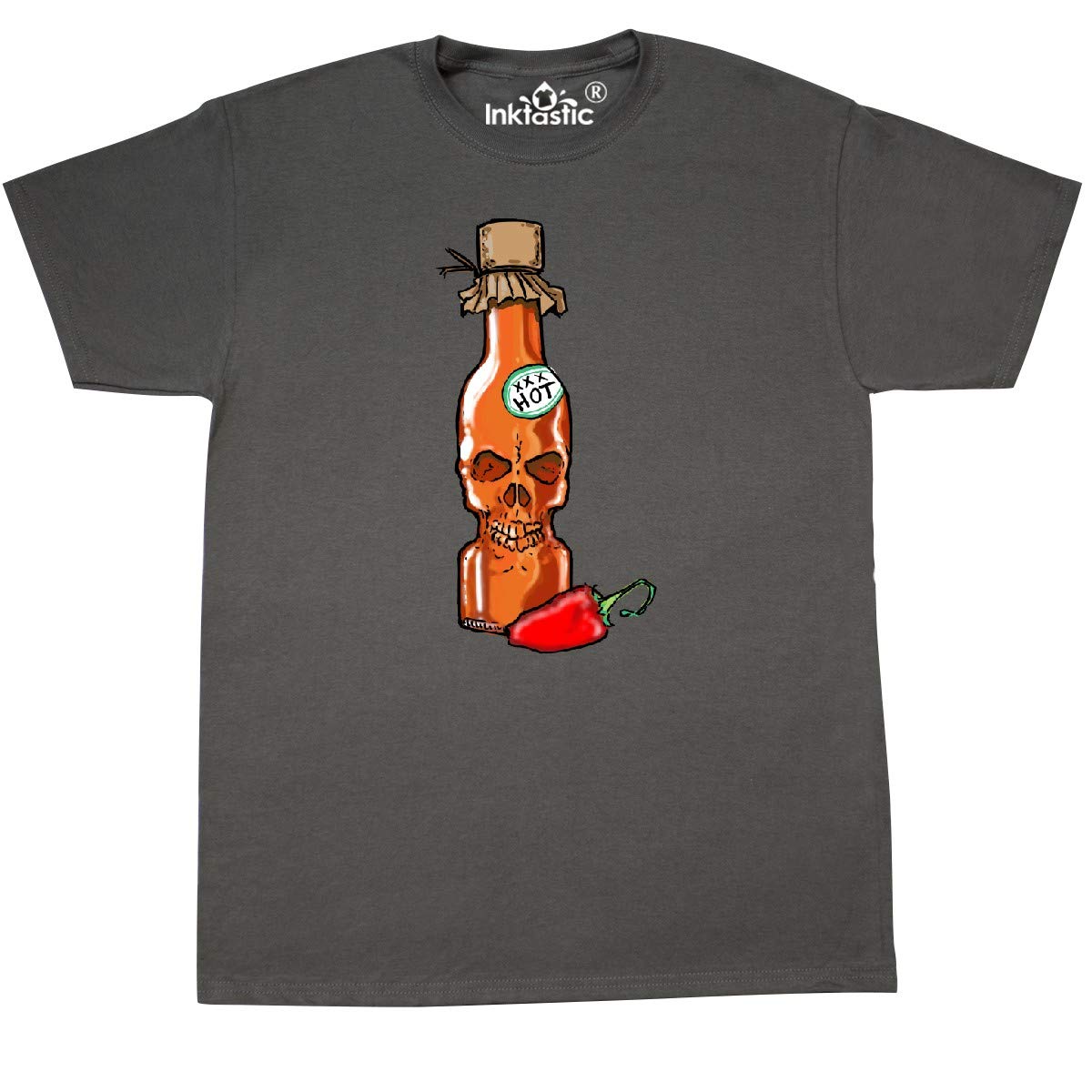 Inktastic Hot Sauce Skull Bottle with Pepper Graphic T-Shirt for Men & Women | Spicy Food Lovers Tee for Casual Wear, Halloween, and Hot Sauce Enthusiasts