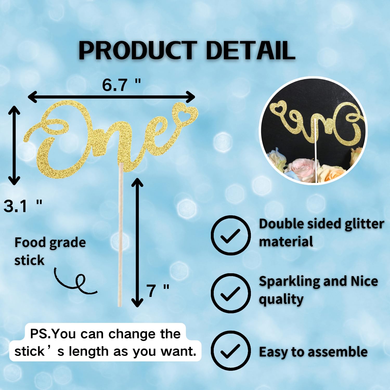 ALISSAR Glitter 1st Birthday Cake Topper - Double Sided Gold for Boys & Girls | Perfect for Anniversary Cakes