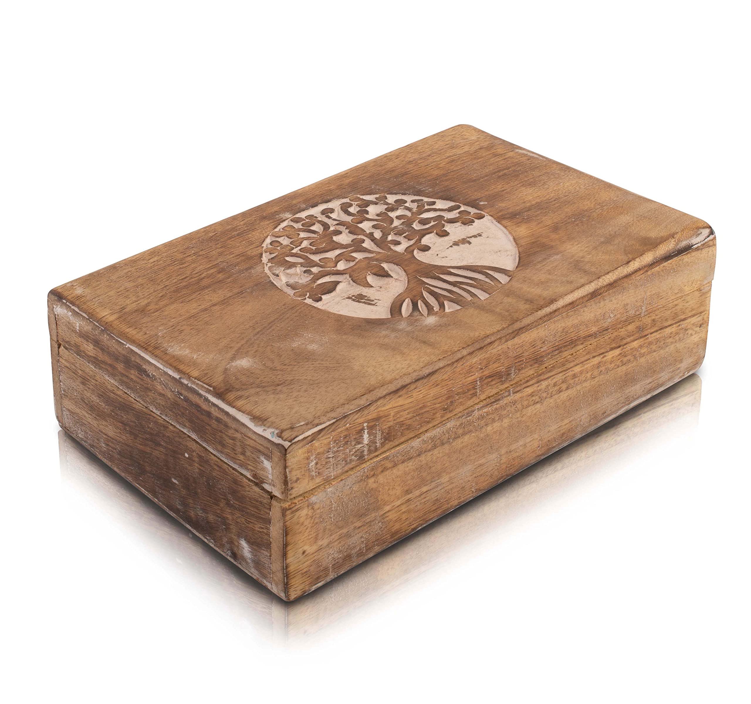 Handmade Wooden Jewelry Box with Tree of Life Carving - Jewelry Organizer, Keepsake Box, Watch Storage - Perfect for Birthday Gifts, Housewarming, Anniversary & Travel Accessories (White)