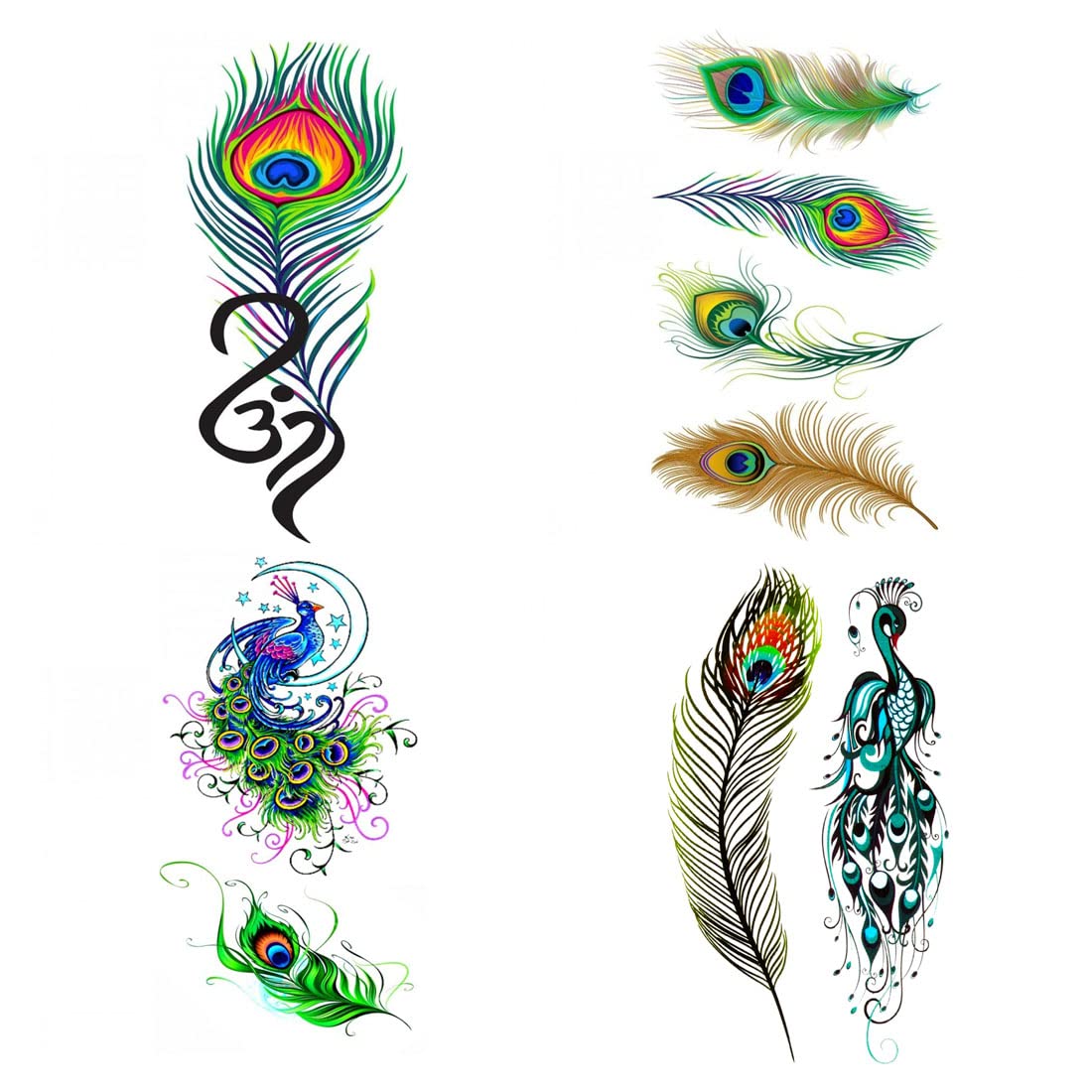 Spiritual Temporary Tattoos Stickers - Om Symbol, Peacock Feather & Colorful Body Art for Men, Women, Boys & Girls (4-Pack) - Perfect for Festivals, Parties & Self-Expression