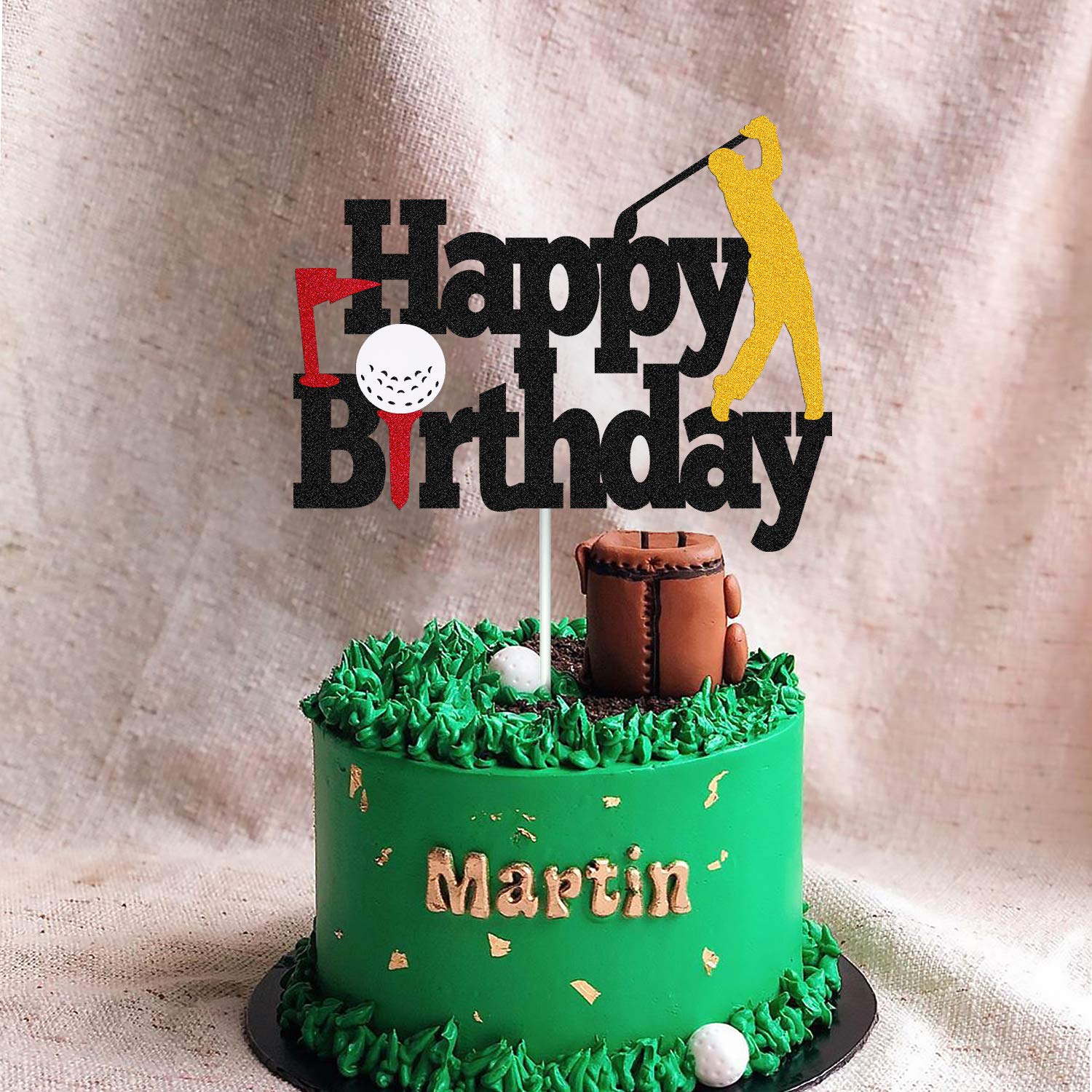 Golf Cake Topper - Happy Birthday Sign with Golf Ball Player Design for Sports Theme Parties | Double Sided Black Sparkle Decor for Men, Women & Kids Birthday Cakes | Perfect for Golf Lover's Birthday Celebration, Retirement Party & Sports Themed Events