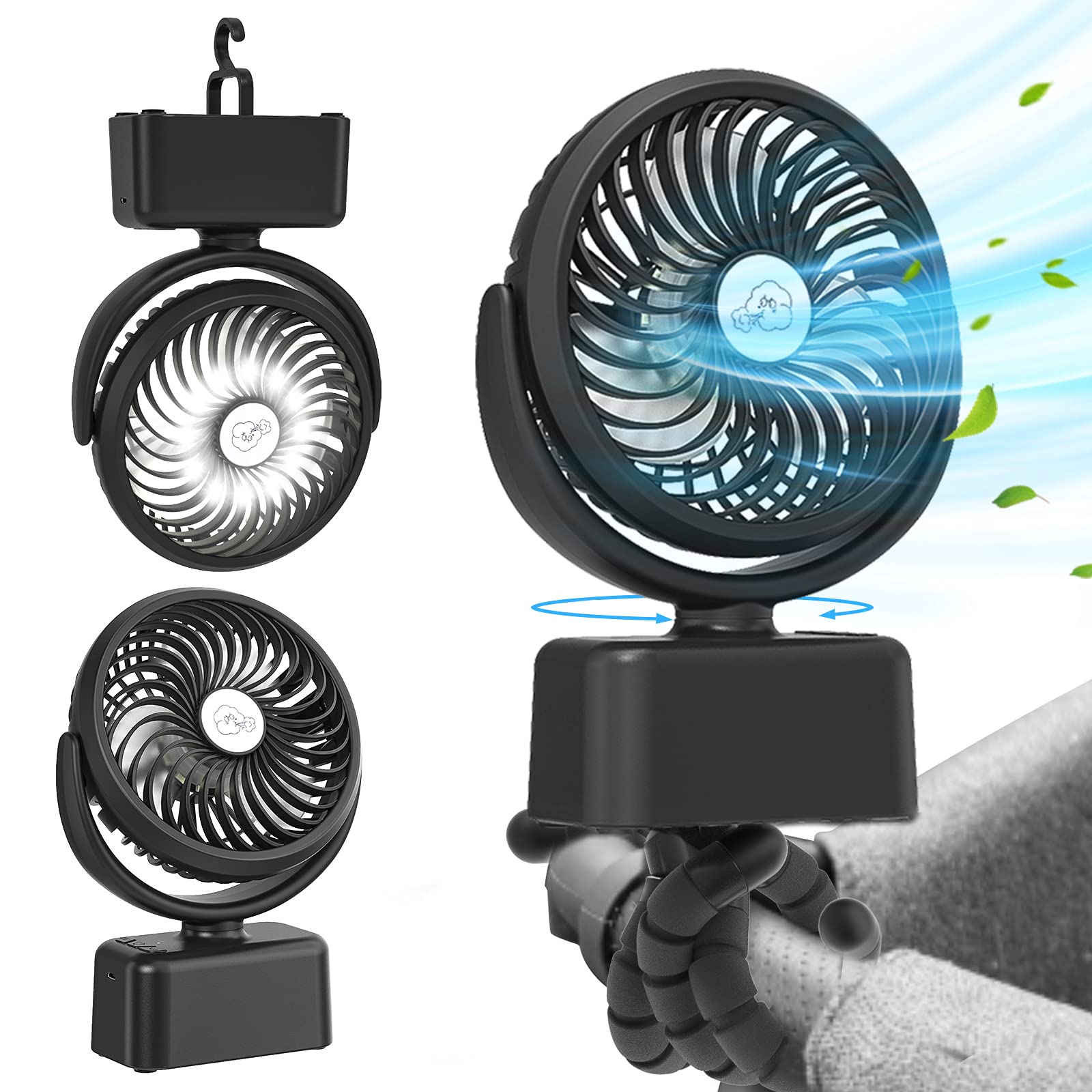 Portable Battery Operated Stroller Fan with Flexible Tripod Clip - 3 Speed Adjustable & 270° Auto Oscillating - Personal Cooling Fan for Baby Stroller, Car Seat, Crib, Bike, Treadmill - Perfect for Outdoor Activities, Travel & Home Use - Black