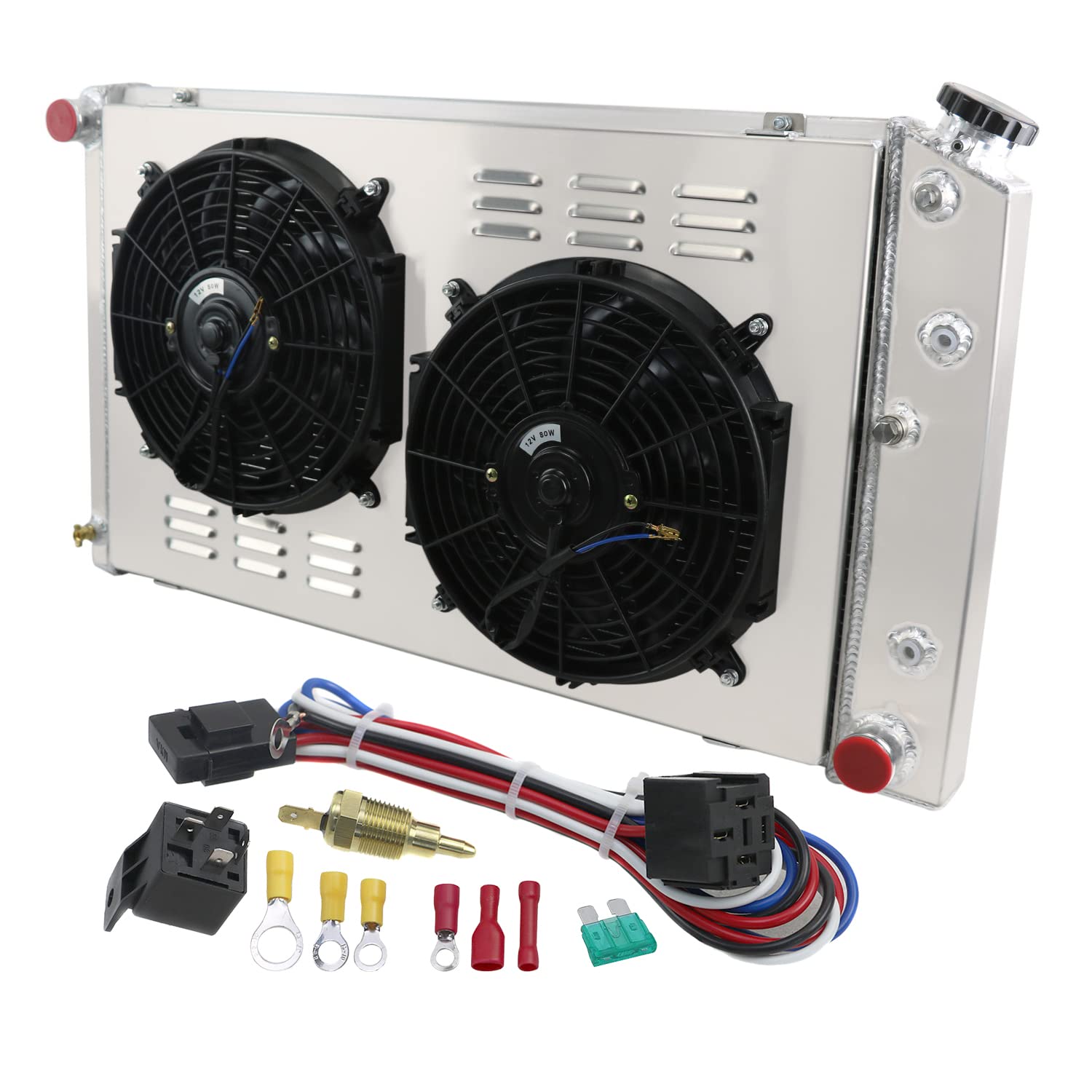 CU161 4-Row Radiator for 1966-1990 Chevy GMC Pontiac Cadillac Buick Oldsmobile - 17 x 28-1/4 Inch Core with Shroud, Fan & Relay Kit - Perfect for Engine Cooling & Performance Upgrades