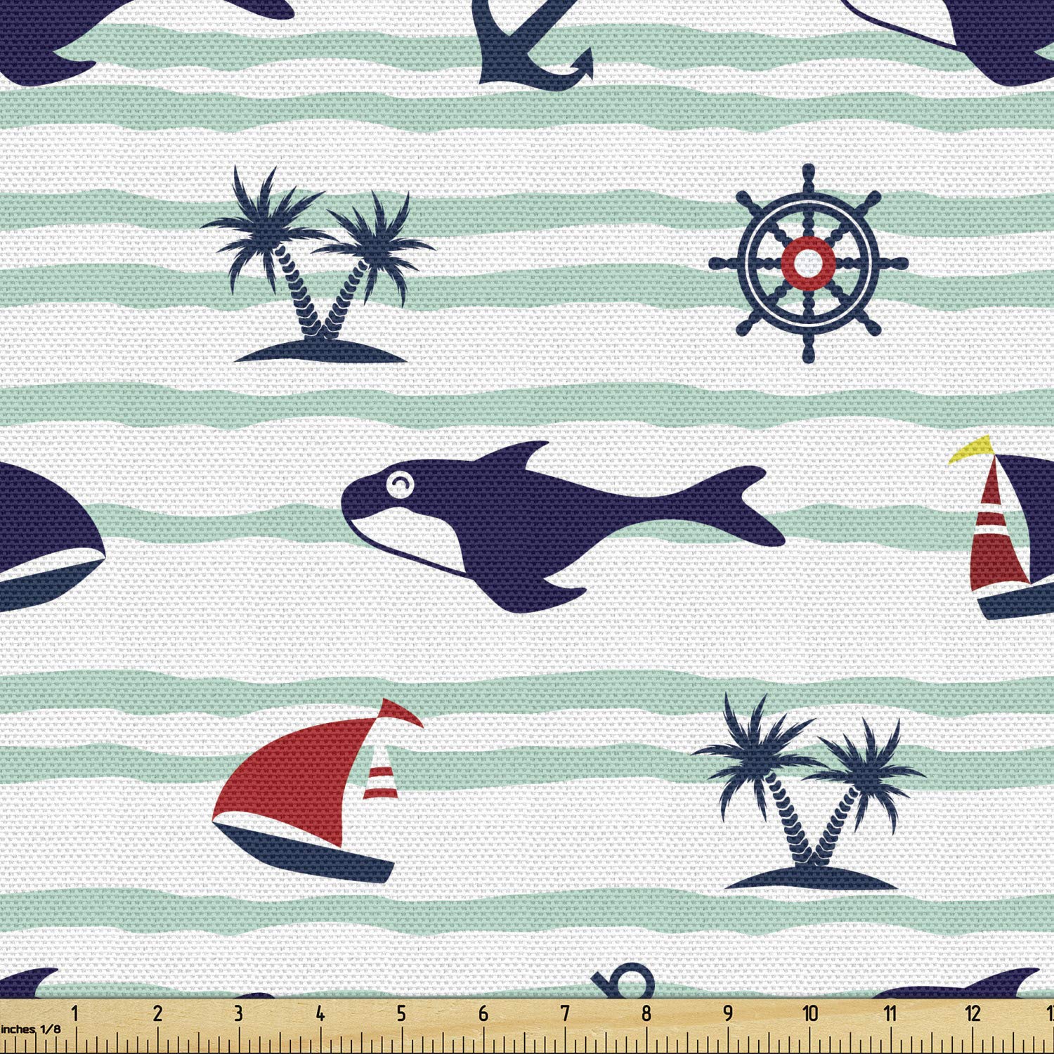 Ambesonne Nautical Fabric by The Yard - Cartoon Marine Fish, Whale, Anchor & Steering Wheel Print - 10 Yards Multicolor Decorative Fabric for Upholstery, Curtains, Pillows & DIY Home Decor Projects | Perfect for Beach House, Coastal Decor & Nautical Themed Rooms