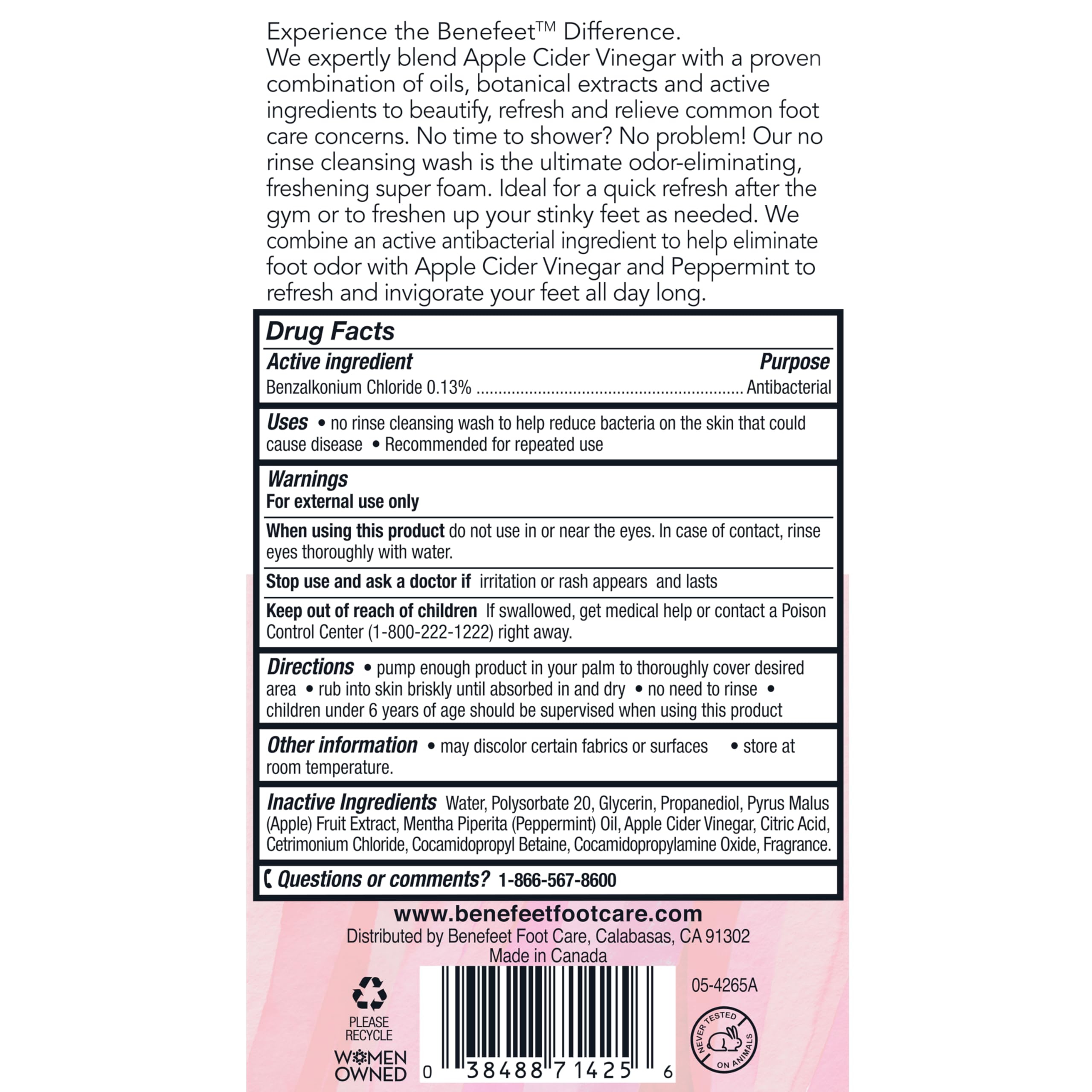 No Rinse Cleansing Foam Wash - Apple Cider Vinegar & Peppermint Oil Formula for Instant Foot Refresh & Odor Control, 6.8oz Travel Size - Perfect for Gym, Travel, and Active Lifestyles