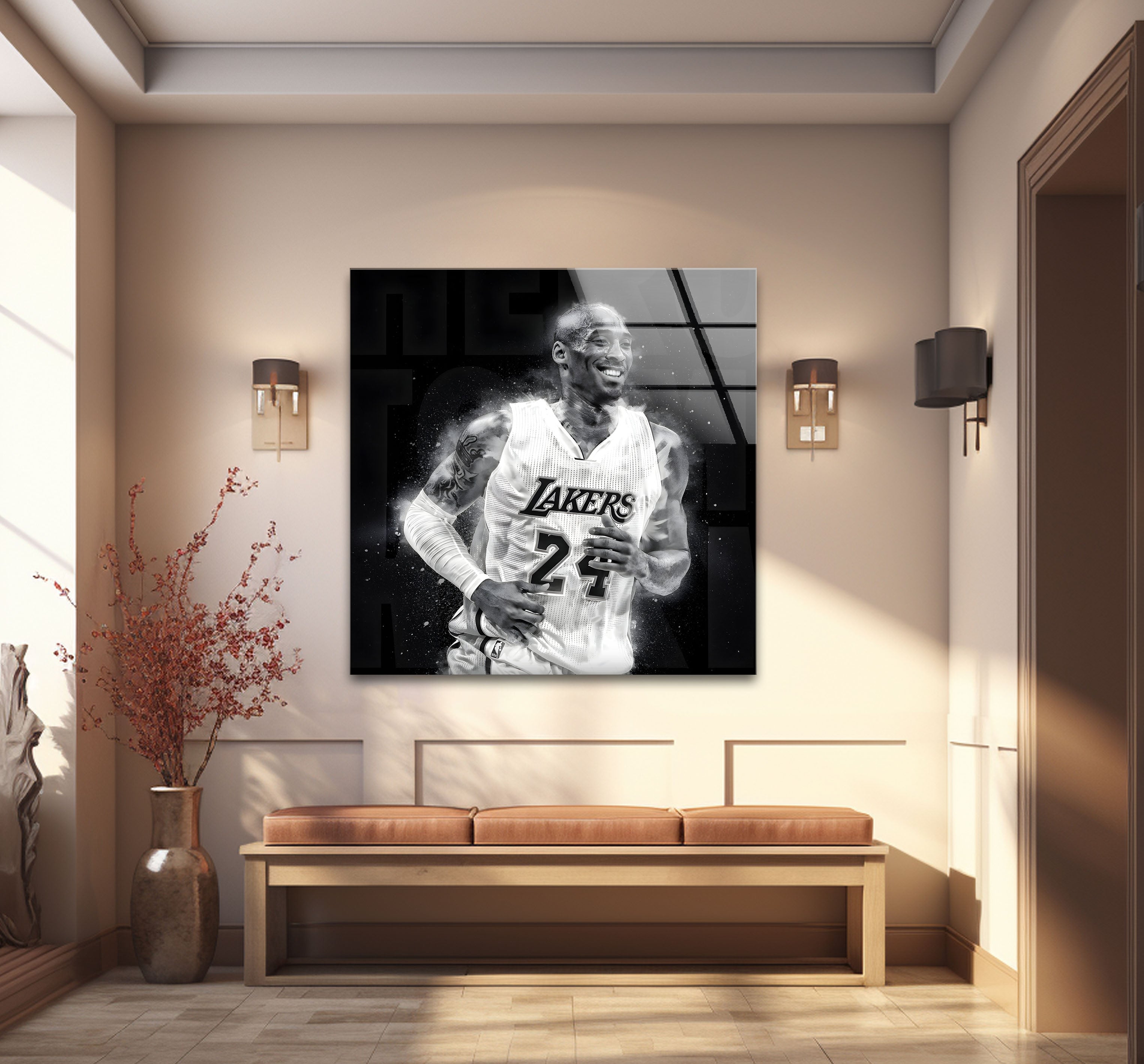 Kobe Bryant Glass Wall Art - Black and White Basketball Decor for Home, Office, or Man Cave - Perfect for Lakers Fans & NBA Memorabilia Collectors