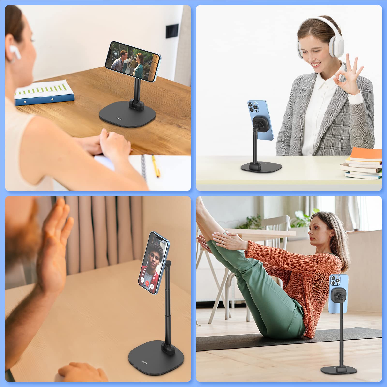 VRIG Magnetic Phone Stand for Desk - 360° Rotating Adjustable Height & Tilt Phone Holder with Magnetic Ring - Compatible with iPhone 14/13/12/11 & Android Phones - Perfect for Office, Home & Car Use