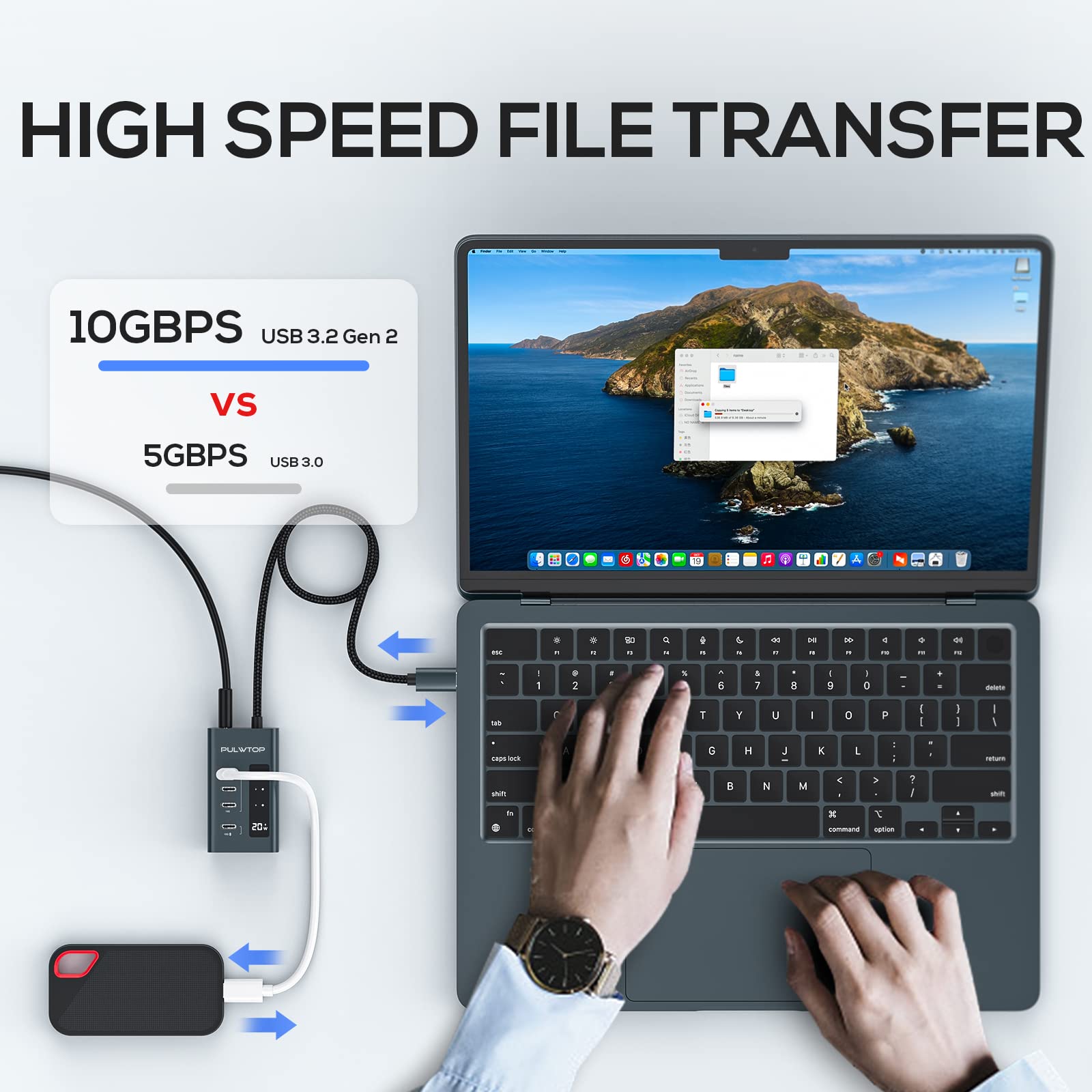PULWTOP 4-in-1 USB C Hub with 24W UK Plug Adapter - 20W Charging Port & 3x 10Gbps USB C Gen2 Ports - Compatible with MacBook Pro/Air, iMac, iPad - Perfect for Home Office, Travel & Multi-Device Charging