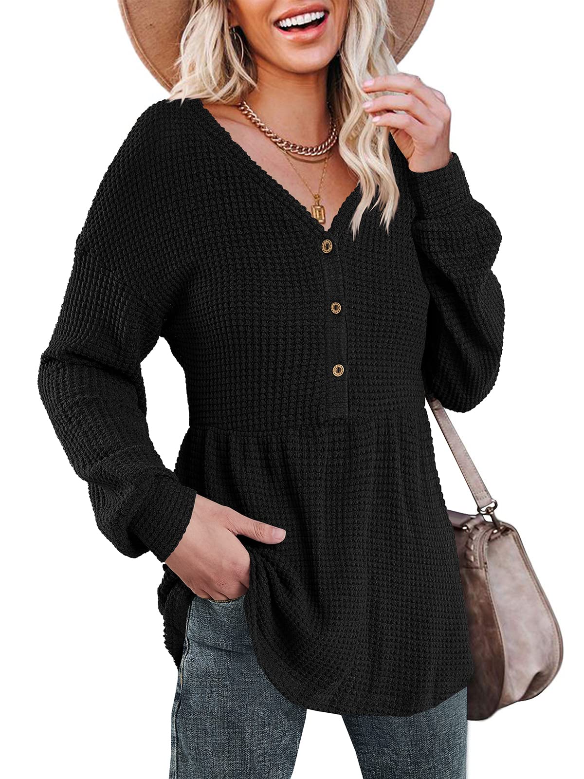 Women's Long Sleeve Waffle Knit V-Neck Blouse - Casual Loose Fit Tee Top for Everyday Wear, Fall Layering & Cozy Outfits