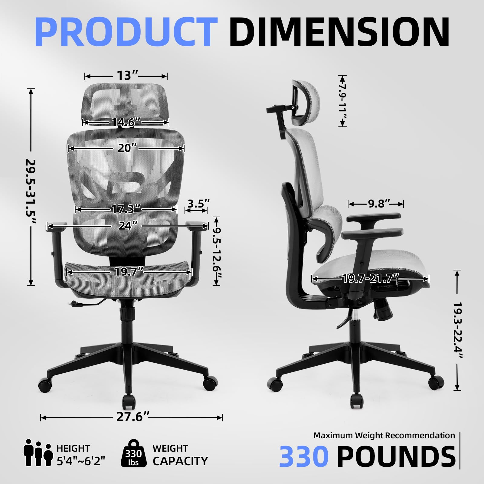 Ergonomic Office Desk Chair - High Back Big and Tall Reclining Mesh Chair with Adjustable Lumbar Support & Armrests, Rolling Wheels for Home Office, Gaming, and Workspace Comfort