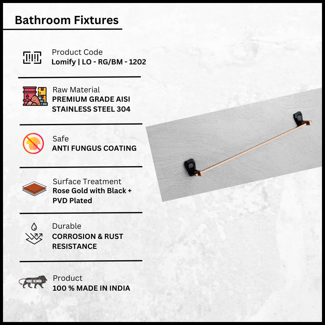 Premium Roxia AISI 304 Stainless Steel Wall Mounted Towel Rack - Rose Gold & Black PVD Finish Bathroom Towel Holder for Modern Homes | Durable Bathroom Accessory | Perfect for Showers, Spas & Luxury Bathrooms