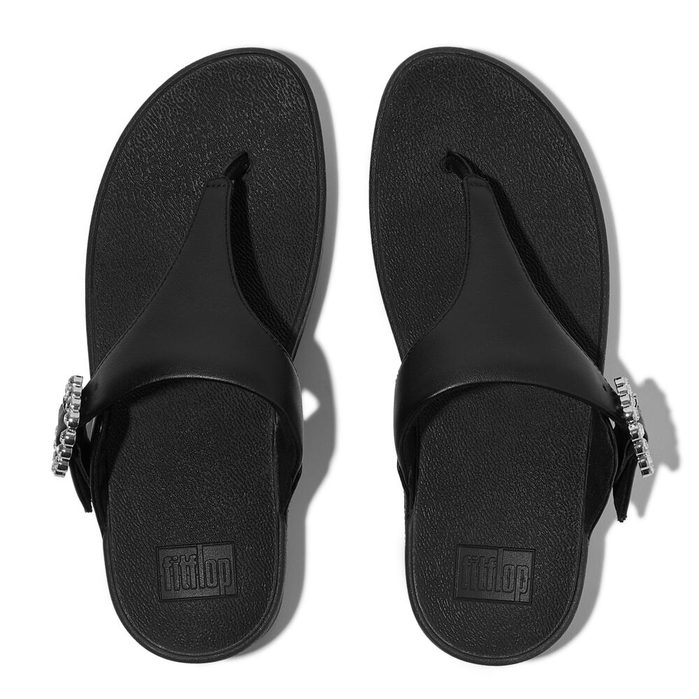FitFlop Lulu Crystal Buckle Leather Sandals for Women - Comfortable Black Slide Sandals with Arch Support | Perfect for Beach, Vacation & Summer Outfits