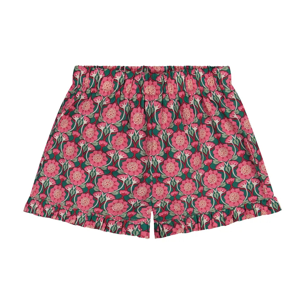 Lee Women's Ruffle Hem Shorts - Pink Lotus Floral Print Casual Summer Shorts for Beach, Vacation & Everyday Wear