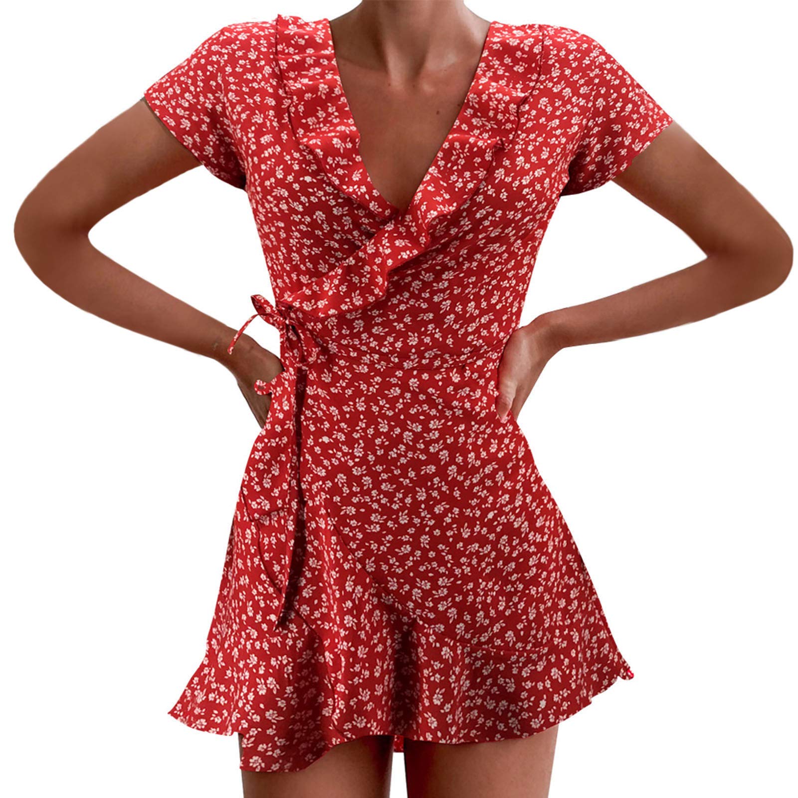 Women's Casual Bandage Dress with Ruffle Sleeves - Printed Chiffon Short V-Neck Fashion Dress for Party, Date Night & Summer Outfits