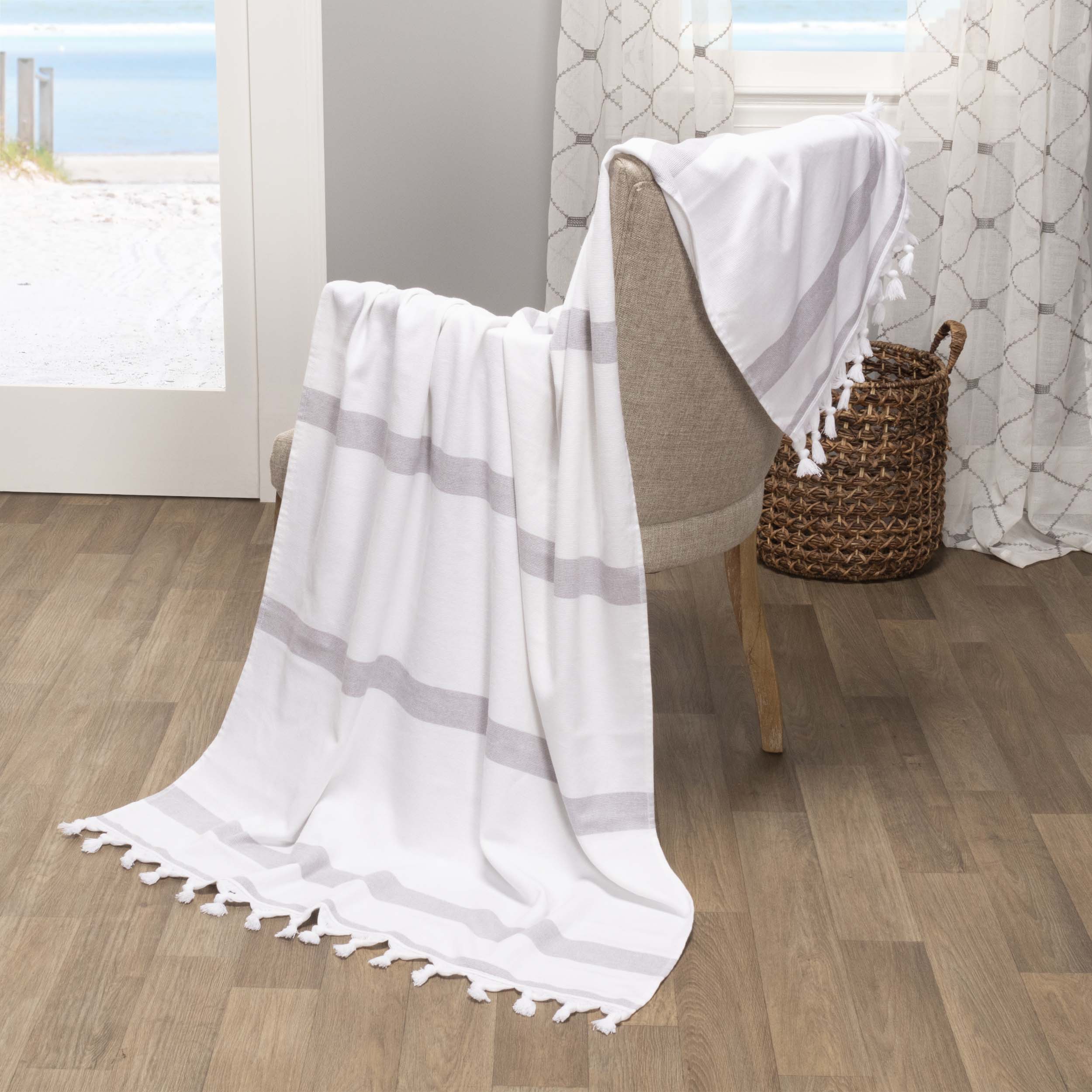 Premium Tropical Cabana Stripe Fouta 2-Piece Beach Towel Set with Tassels | Soft Quick-Dry Bath & Pool Towels for Summer Vacation, Beach Outing & Backyard Lounging