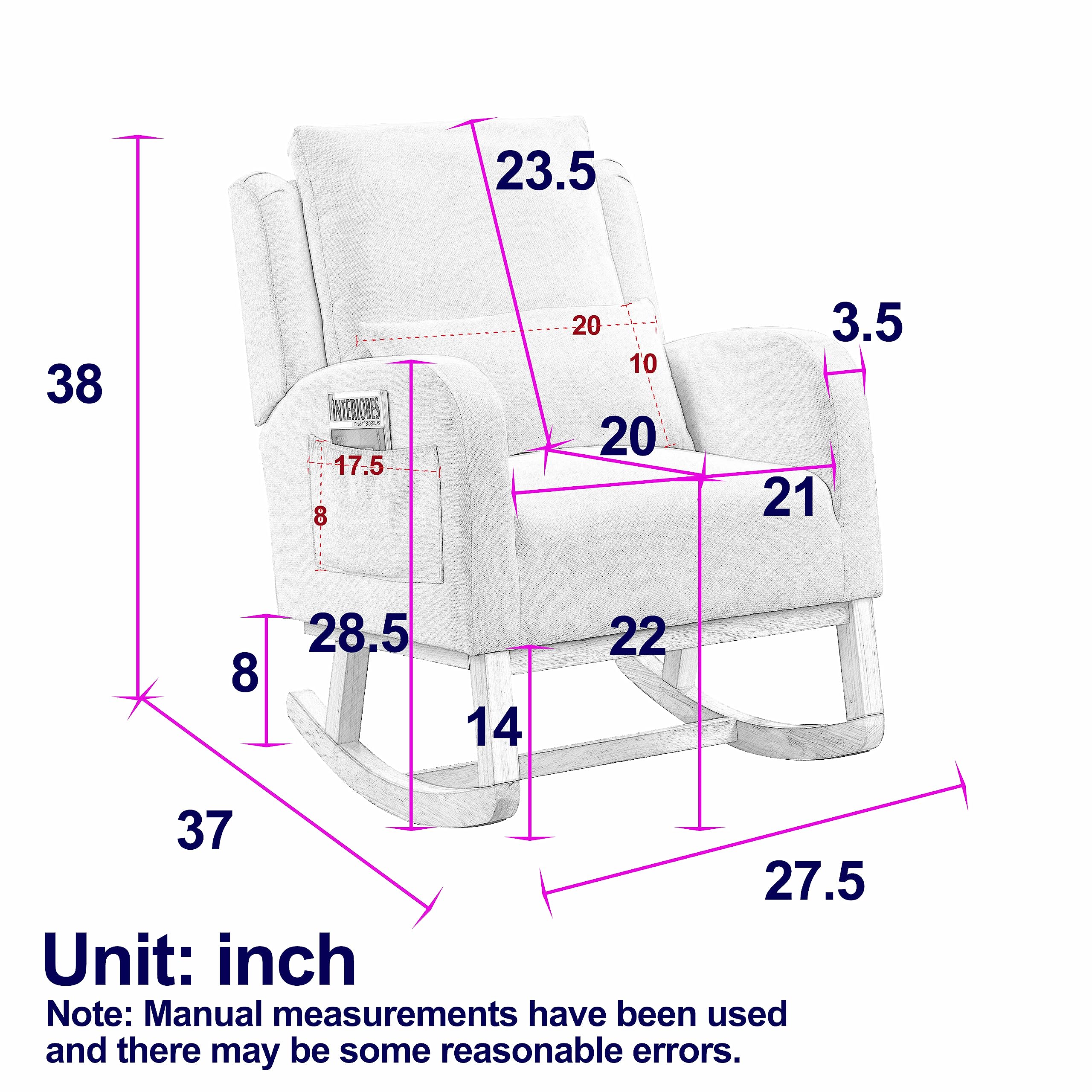**Comfy Teddy Fabric Nursery Rocking Chair with Pillow & Side Pockets - Wingback Glider Armchair for Nursing, Living Room, Bedroom - Perfect for Relaxing & Breastfeeding (Pink)**