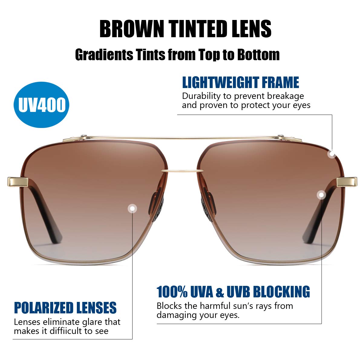 Polarized Aviator Sunglasses for Men - Oversized Square Metal Frame - Gradient UV400 Protection Lenses - Perfect for Driving, Fishing & Outdoor Activities