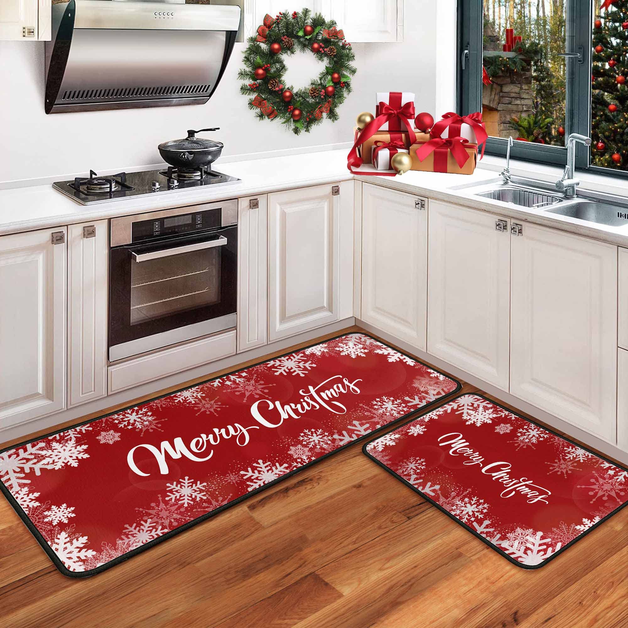 Non-Slip Christmas Kitchen Rugs Set of 2 - Washable Holiday Floor Mats with Anti-Skid Backing, Festive Xmas Decor for Home Kitchen & Entryway - Perfect for Holiday Gatherings & Winter Home Decor