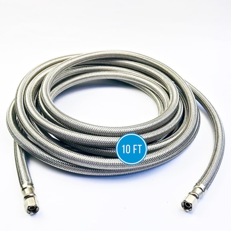 Universal Refrigerator Icemaker Hose (10 FT) - Stainless Steel Water Supply Line with ¼
