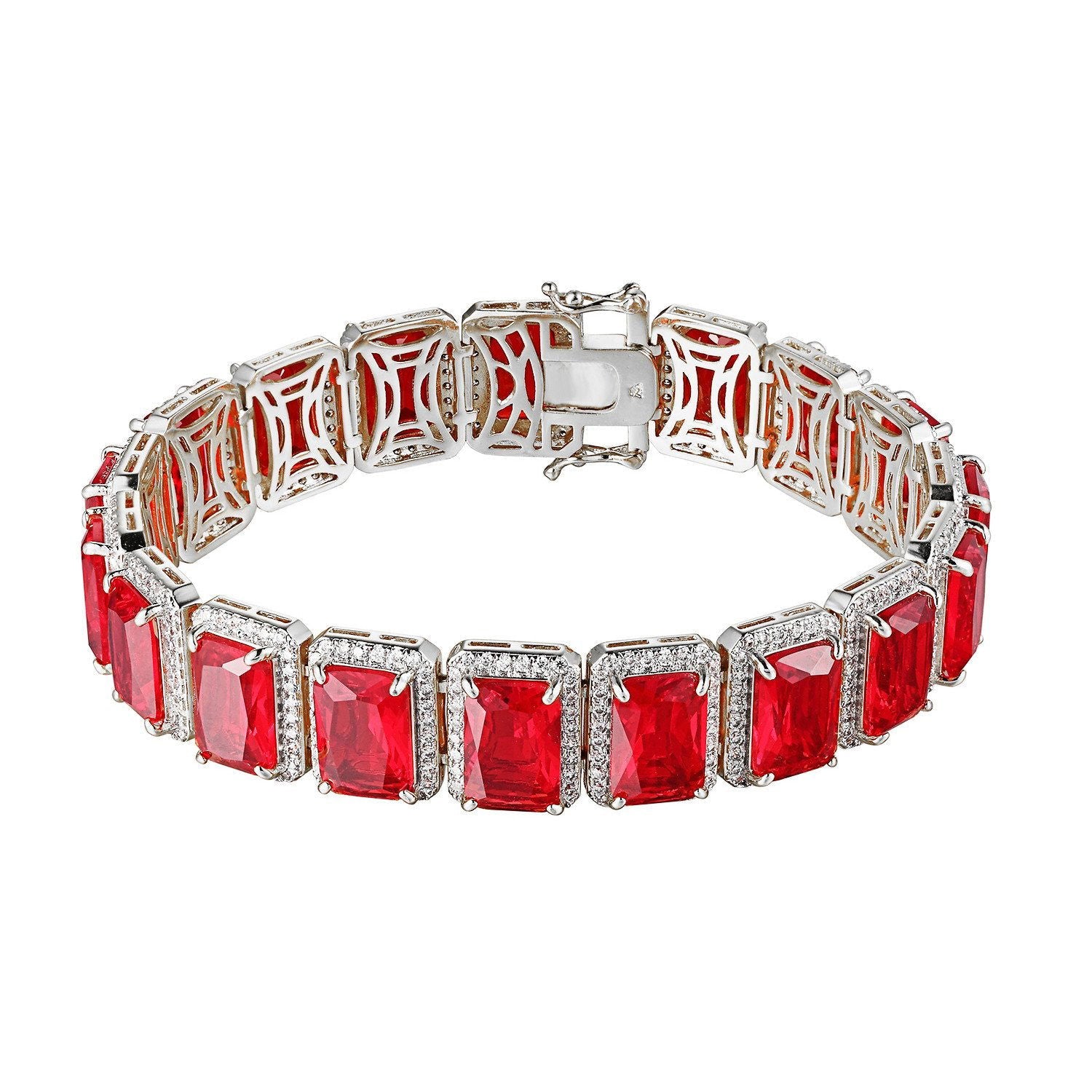Men's Hip Hop Rick Ross Style Red Ruby CZ Bracelet - Simulated Diamond Cuban Link Chain for Rappers & Streetwear Fashion - Perfect for Concerts, Parties & Urban Style Outfits