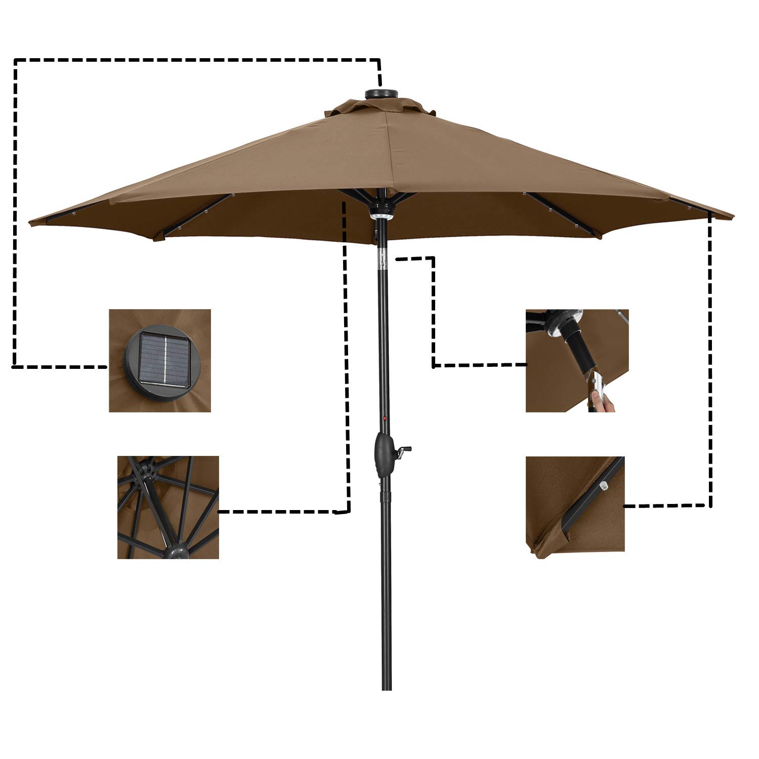 10ft Solar LED Patio Umbrella - Outdoor Garden Umbrella with Auto-Tilt & Wind Vent (Coffee Brown) - Perfect for Backyard, Poolside, and Outdoor Dining Areas