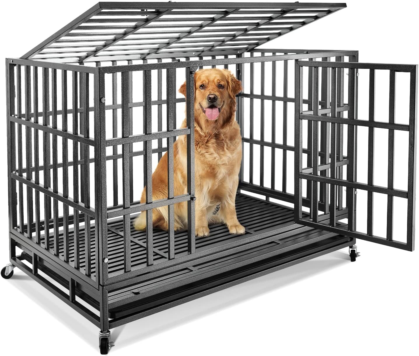 Confote 47-Inch Heavy Duty Dog Kennel - Strong Metal Dog Cage & Pet Crate for Medium & Large Breeds with 4 Lockable Wheels & Removable Tray | Indoor/Outdoor Use, Travel, Home Security, Vet Visits & Training