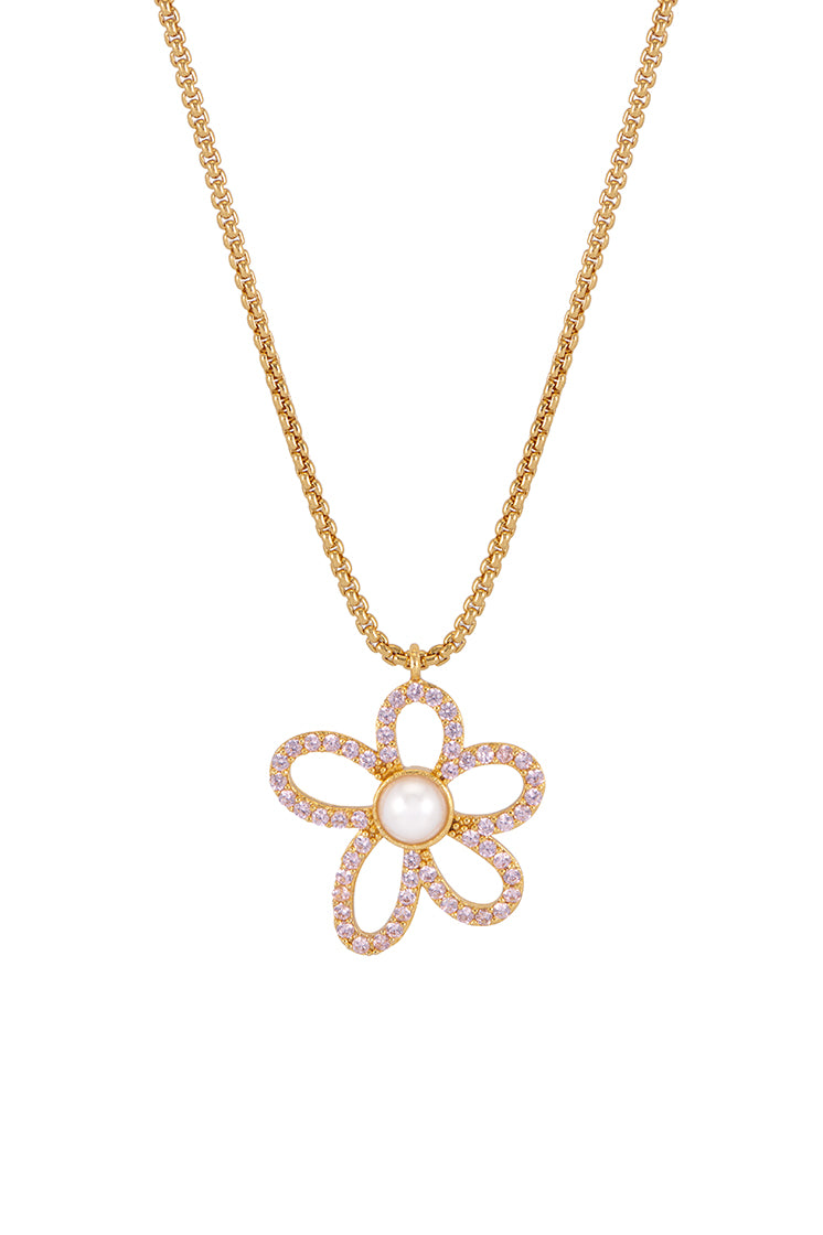 Pink and Pearl Tennis Chain Flower Necklace - Elegant Floral Jewelry for Women | Perfect for Parties, Weddings & Date Nights