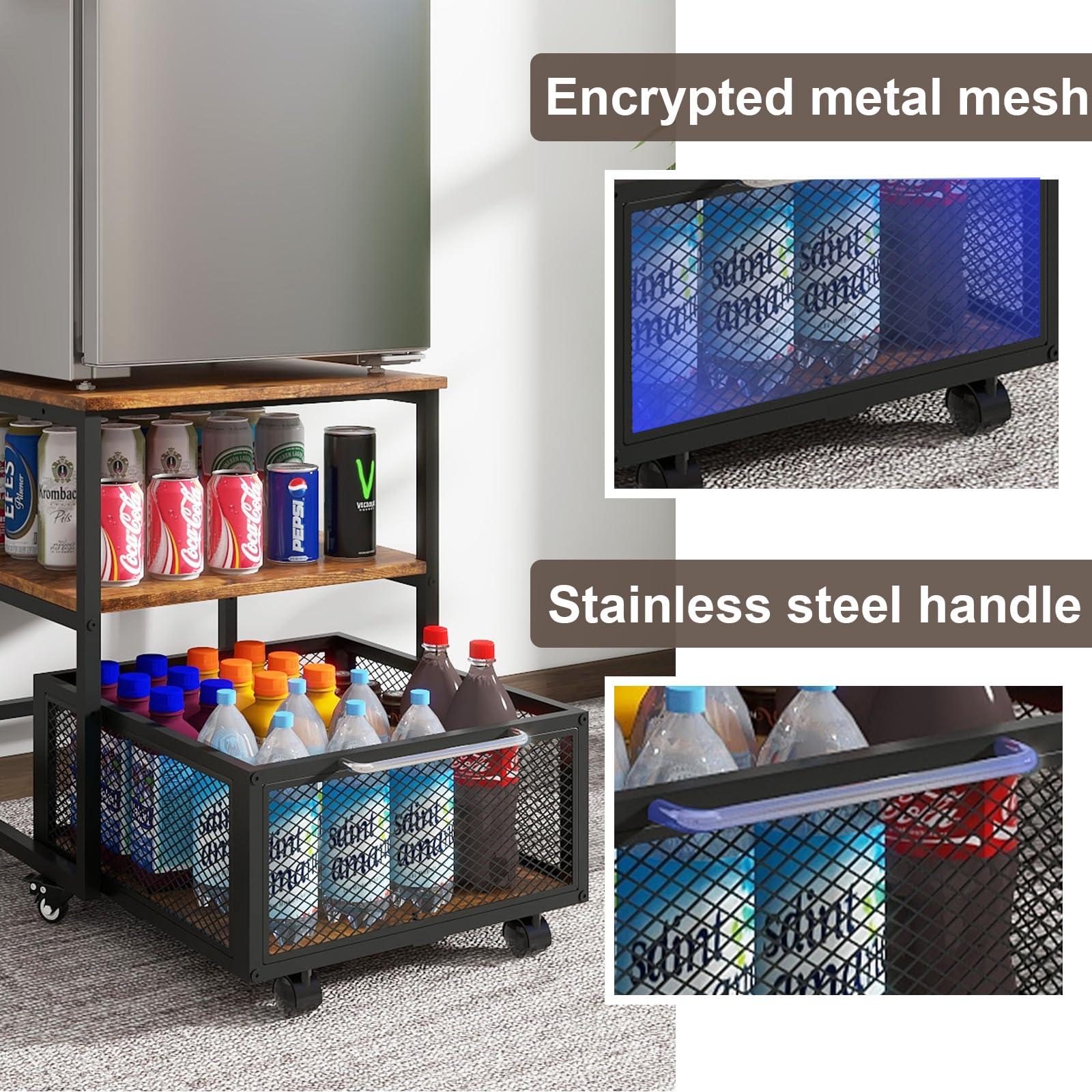PUNCIA 19.7x19.7 Inch Heavy Duty Mini Fridge Stand with Storage & 4 Lockable Wheels - Compact Beverage Refrigerator Table for Coffee Bar, Office, Home, Bedroom & Dorm - Perfect for Small Spaces & Drink Storage Organization