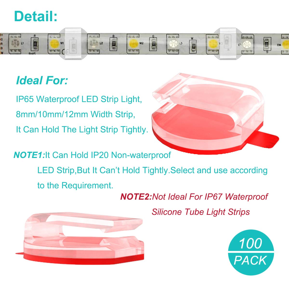 100 Pack Clear Self-Adhesive LED Strip Light Mounting Clips - 8mm/10mm/12mm Universal Fixing Clamps with Hooks for USB Cable Wires Organizer - Perfect for Under Cabinet Lighting, Home Theater Setup & DIY LED Projects