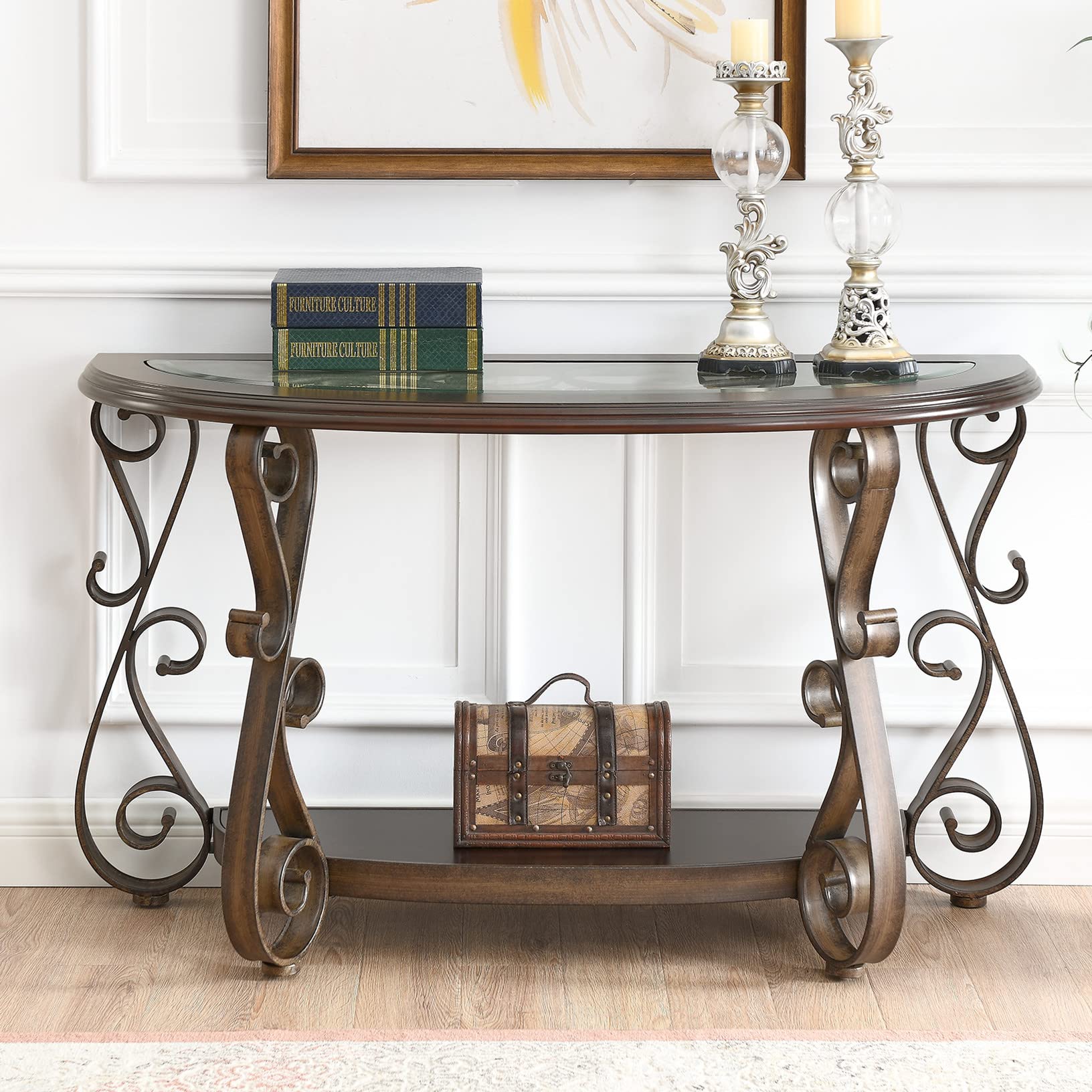 Vintage Wood Console Table with Tempered Glass Top & Carved Metal Legs - 2-Tier Elegant Sofa Table for Living Room, Hallway, Entryway - Perfect for Home Decor, Foyer Display & Corridor Organization (Type 2)